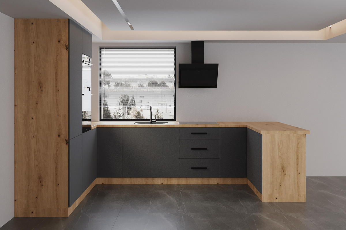 ECKKÜCHE 210 × 320 ×150 cm - Langen K103-M680 - in Grau / Matt - Schwarz/Grau, Holz/Holzwerkstoff (320/212/210cm)