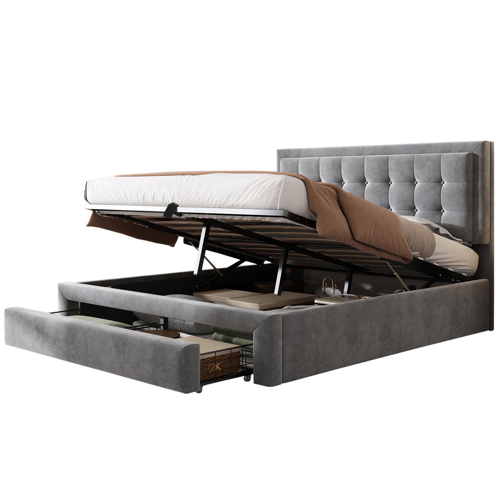 POLSTERBETT 140/200 cm Grau mit Stauraum aus Samt mit verstellbarem Kopfteil - Grau, Textil (140/200cm) - OKWISH