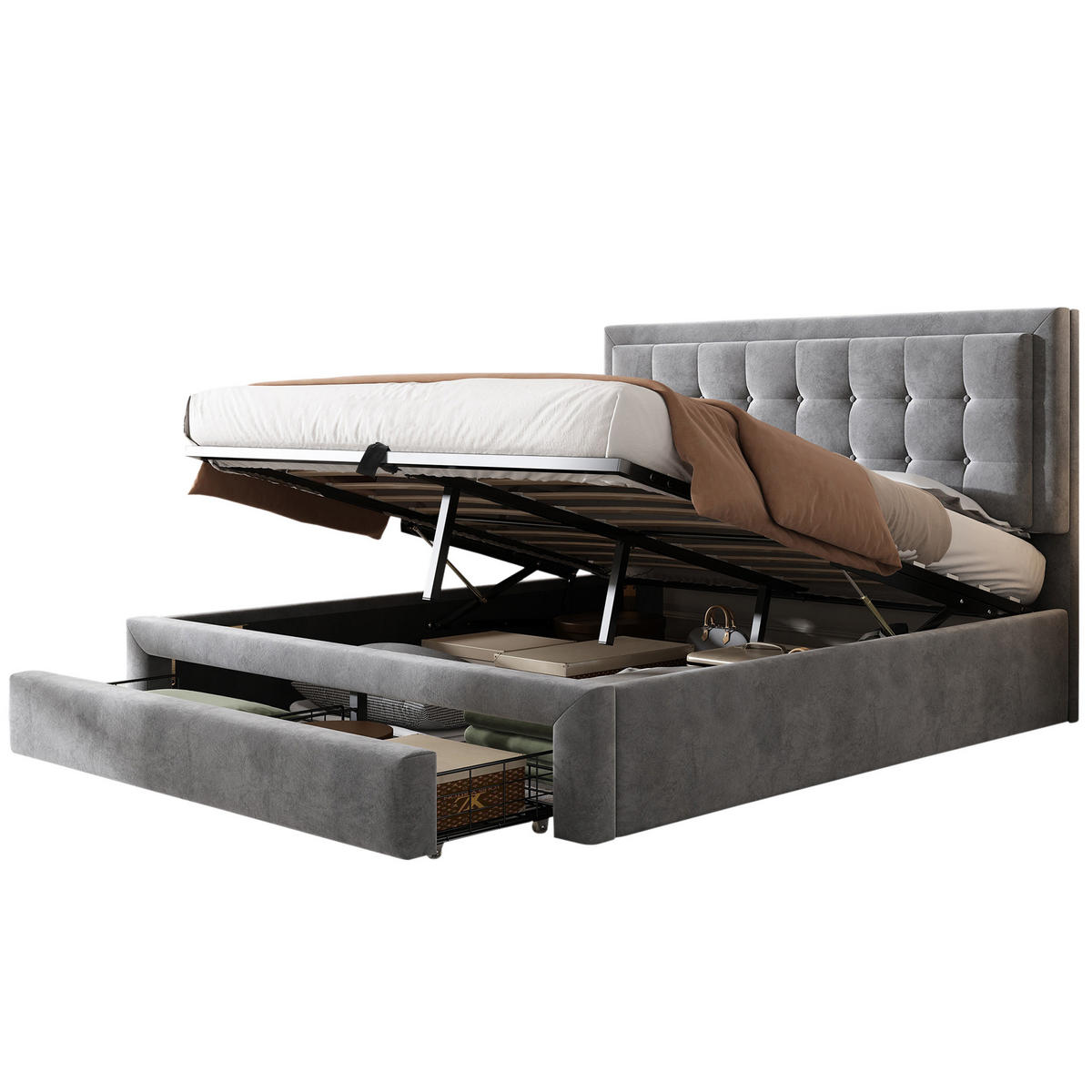 POLSTERBETT 140/200 cm Grau mit Stauraum aus Samt mit verstellbarem Kopfteil - Grau, Textil (140/200cm) - OKWISH