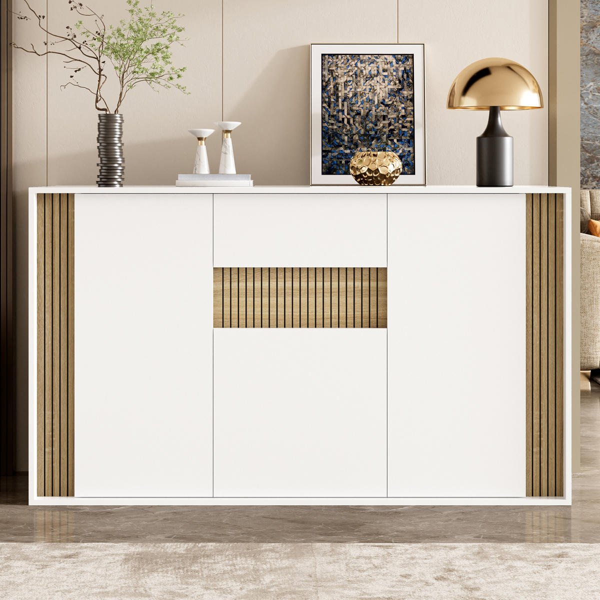 SIDEBOARD 140x40x82cm Weiß mit LED und 3 Türen - Weiß/Naturfarben, Holzwerkstoff (140/82/40cm) - FLIEKS