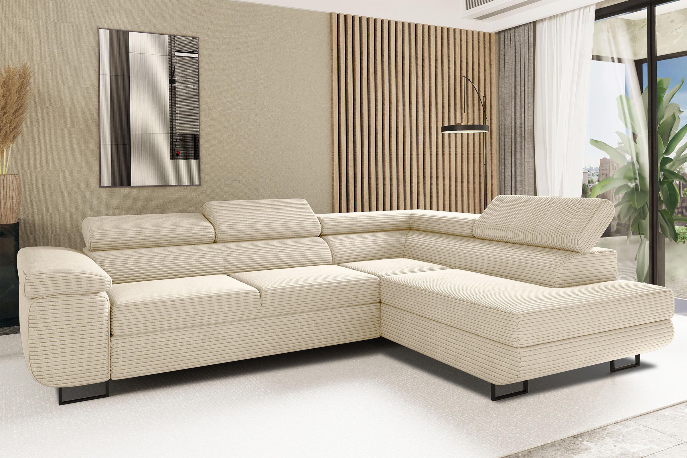 ECKSOFA ATOMIC Mit Schlaffunktion, Stoff Poso, Ecru, Rechts - Ecru, Holz (277/203cm) - Kaiser Möbel