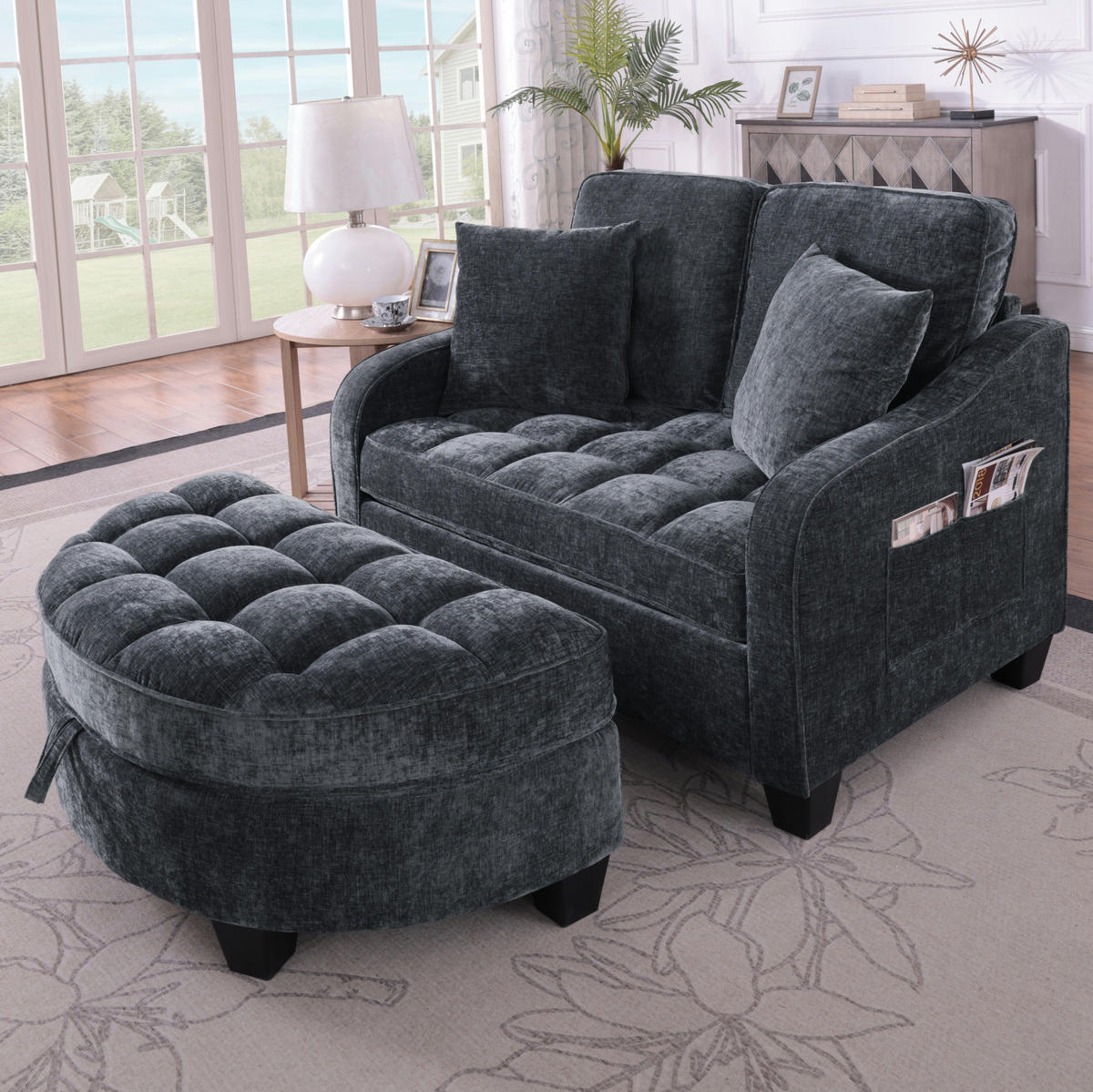 SOFA-BETT 132/129/93 cm aus Eukalyptusholz mit Aufbewahrungshocker Schwarz - Schwarz, Holz (129/93/132cm) - Modenvie