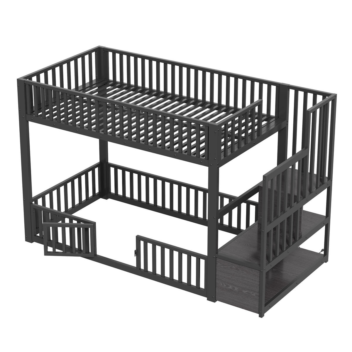 ETAGENBETT 90/200 cm Schwarz mit Stauraumleiter und LED - Schwarz, Metall (90/200cm) - Oxeza