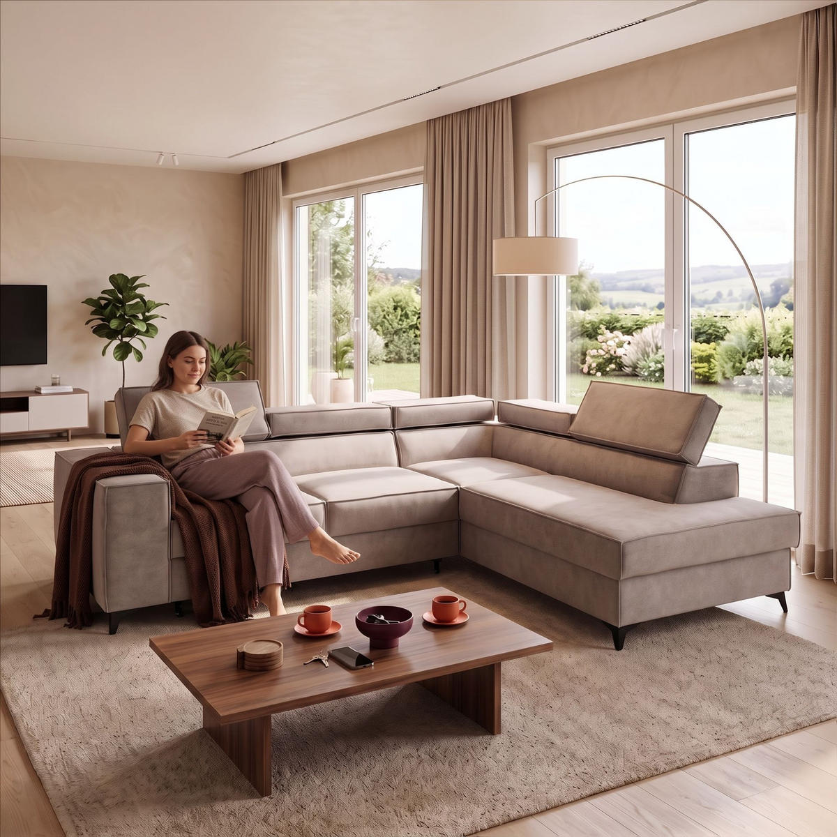 ECKSOFA PURE L Rechts mit Schlaffunktion 127x199 Velours Creme - Creme/Schwarz, Holz/Textil (204/281cm) - Muffo