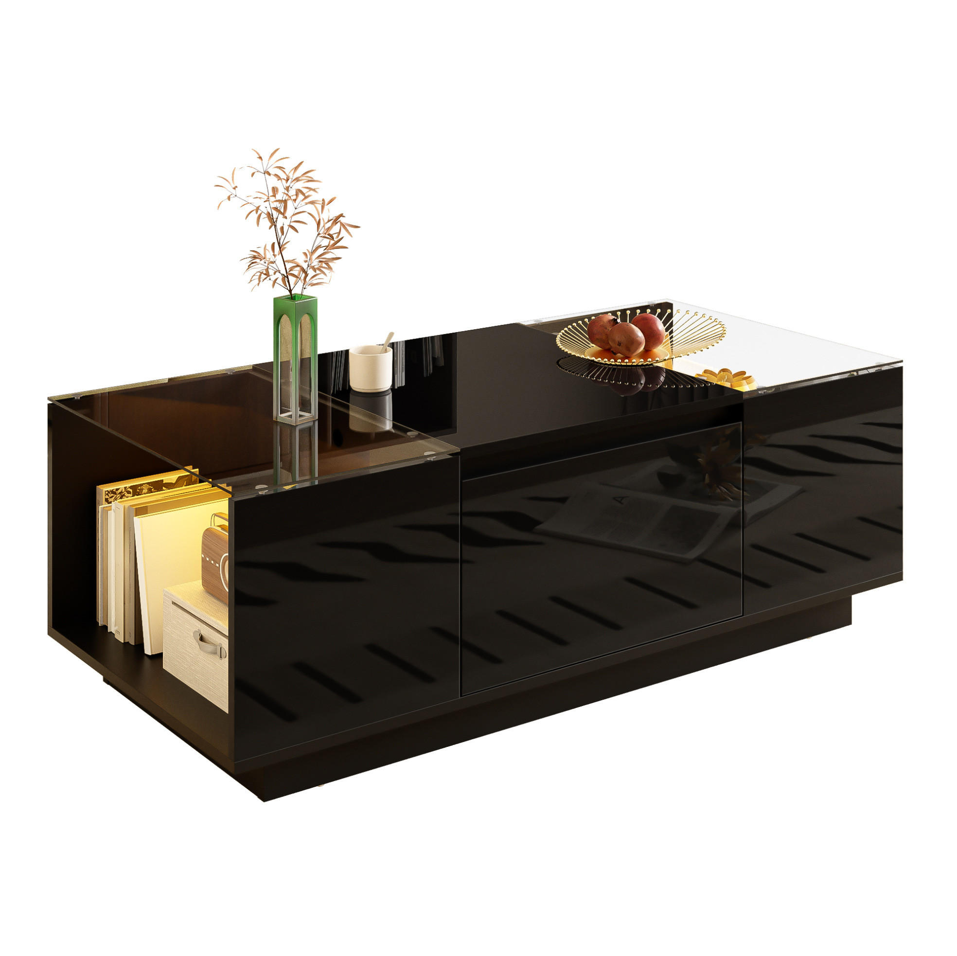 Modfu KONFERENČNÍ stolek z dřevotřísky 105x50x35 cm černý s LED osvětlením, skleněnou deskou a 2 zásuvkami