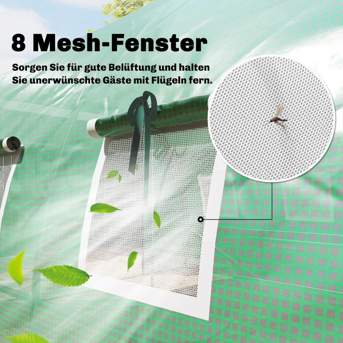 GEWÄCHSHAUS aus Polyethylen 295x400x200 cm in Grün mit 2 Rolltüren & 8 Netzfenstern - Grün, Kunststoff (295/200/400cm) - Modfu