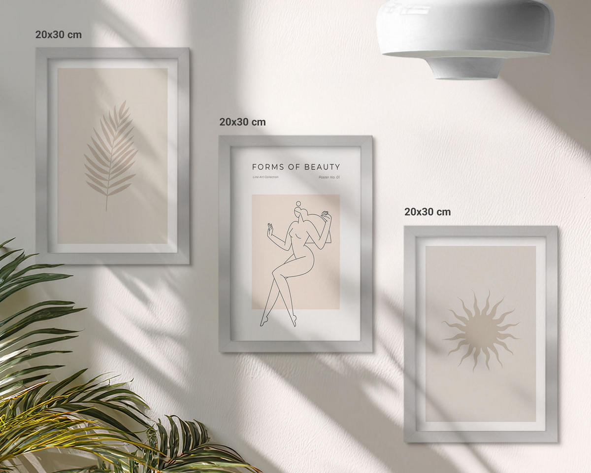 BILDER SET 3er Set - 20x30 cm Silberner Rahmen - Eine Sammlung minimalistischer Formen - Silberfarben, Kunststoff (20/30cm) - TULUP
