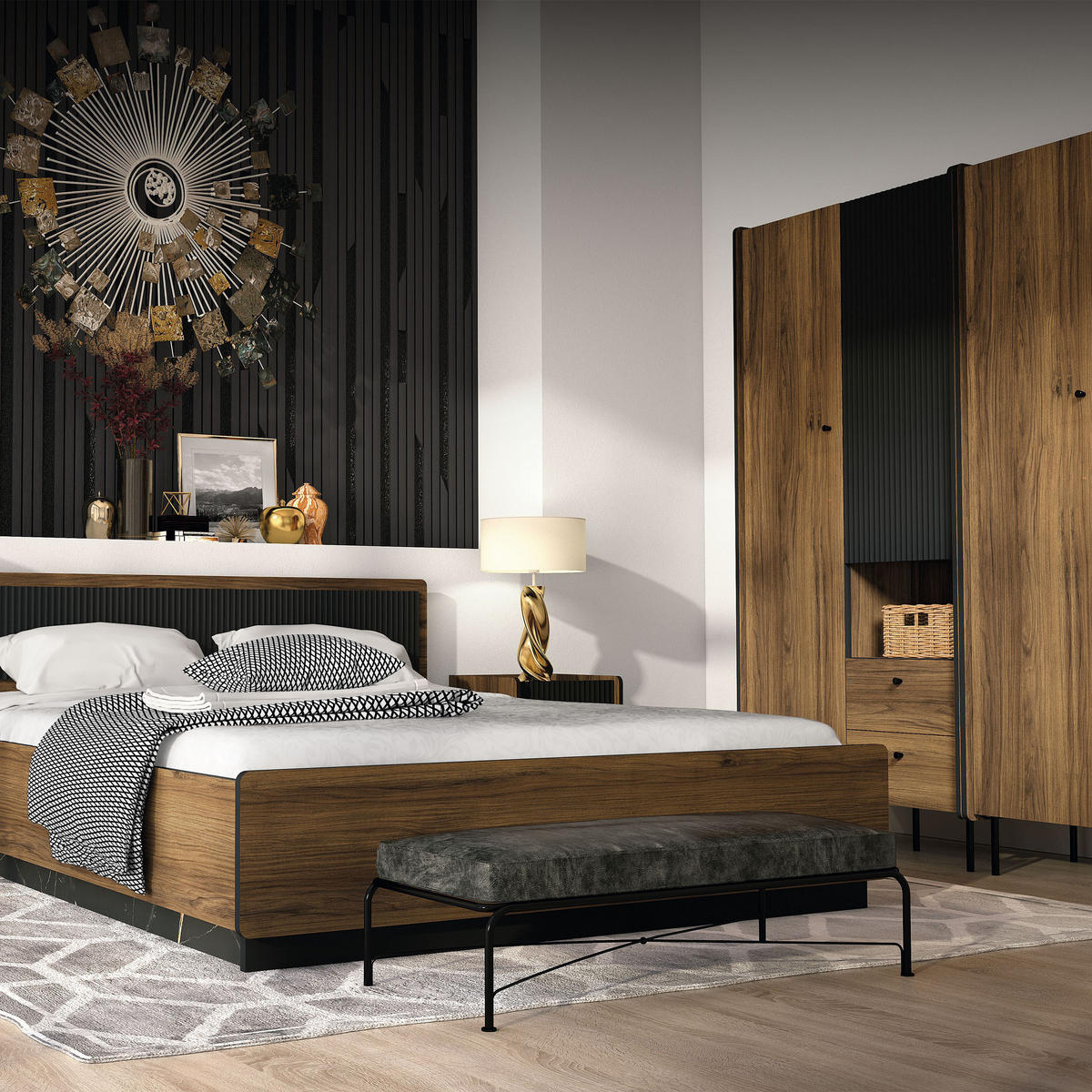 NACHTTISCH Piano mit 2 Schubladen, Mattschwarz + Warmia-Nussbaum - Dunkelbraun/Schwarz, Holzwerkstoff (42/50/40cm) - Beautysofa