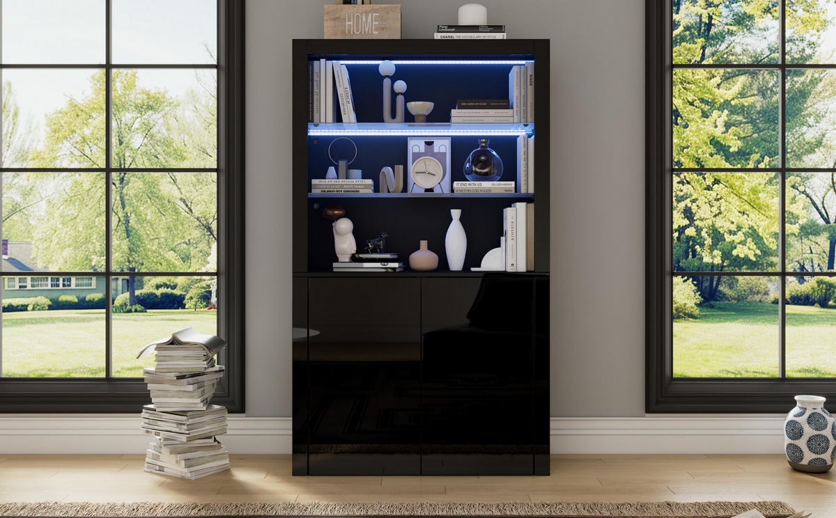 VITRINE aus MDF, Spanplatte und Glas 100x35x170 cm Schwarz mit LED-Beleuchtung, Hochglanzfront und 2 Türen - Schwarz, Holzwerkstoff (100/170/35cm) - Modfu
