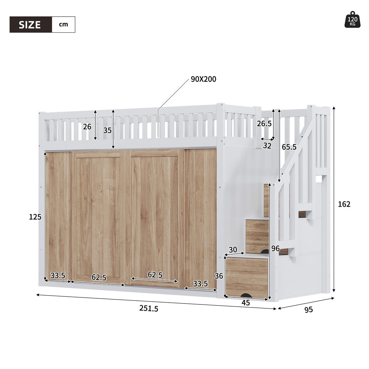 HOCHBETT 90/200 cm mit Kleiderschrank, Treppenschrank und App-gesteuerter LED-Lichtleiste, Weiß/Eichefarben - Weiß, Holzwerkstoff (90/200cm) - Redom