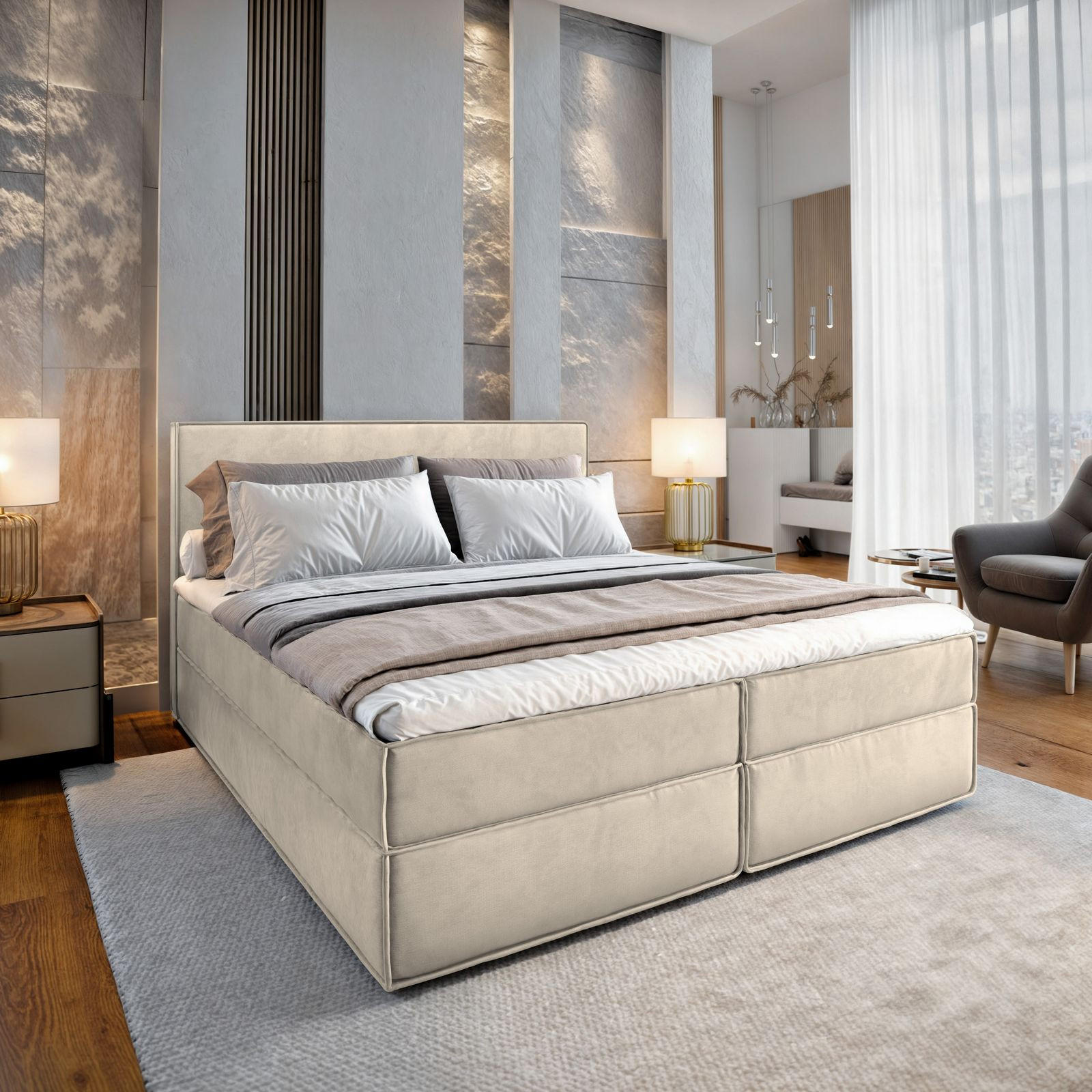 BOXBETT PELLIO 180x200 cm mit Matratze und Topper - Creme - Creme, Holz (180/200cm) - MASSENO