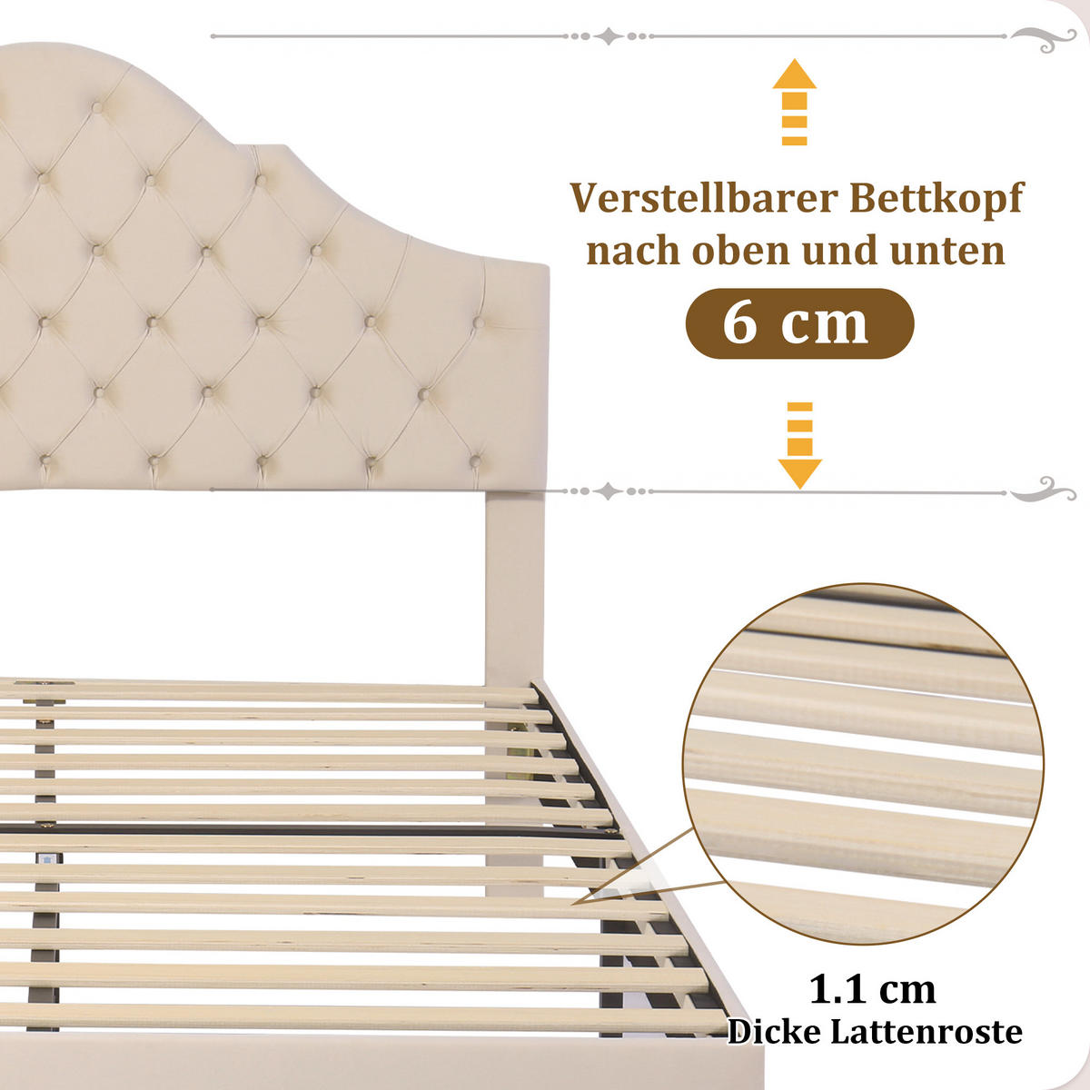 POLSTERBETT 140x190 Kopfteil Höhenverstellbar Lattenrost Velours Beige - Weiß, Textil - FLIEKS