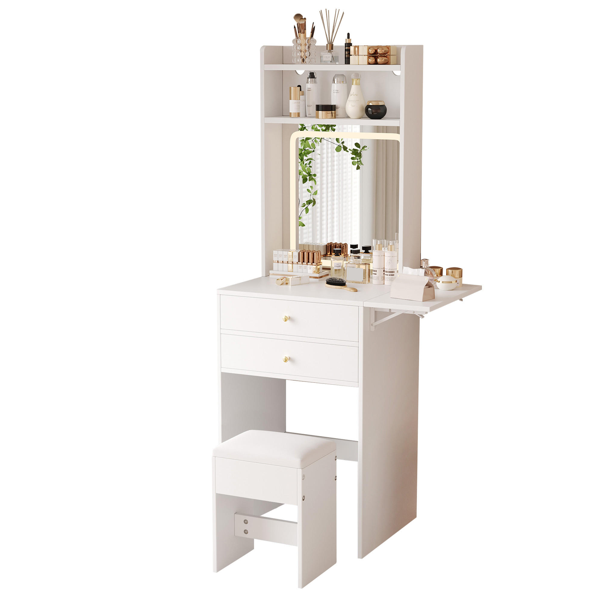 SCHMINKTISCH Weiß LED klappbar 2 Schubladen Hocker 75x45x156cm - Weiß, Holzwerkstoff (45/156/75cm) - FLIEKS