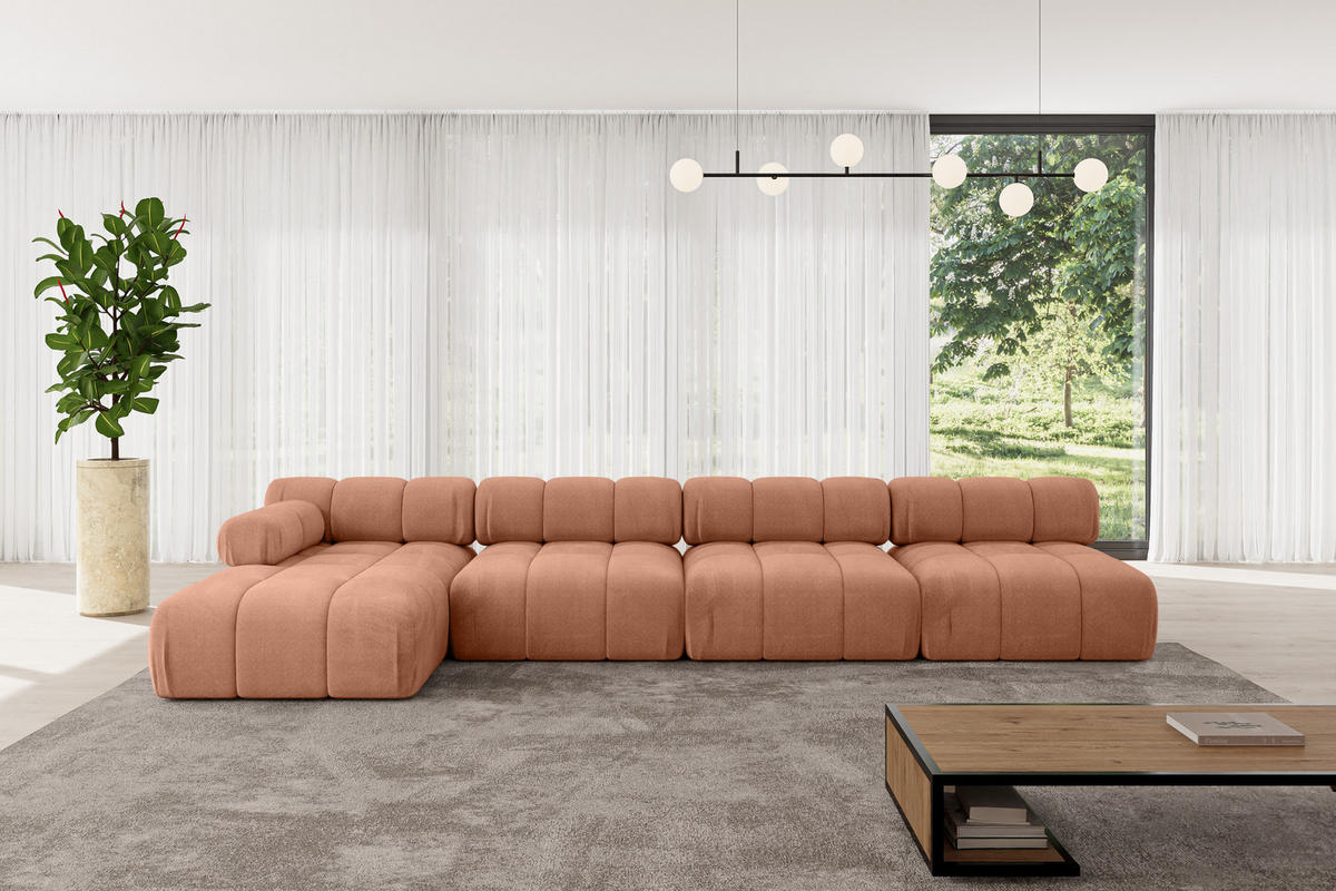 ECKSOFA modulares Sofa Razon-L3 - 380x160x70 cm Apricot Velours - Koralle, Holzwerkstoff/Textil (380/160cm) - ALTDECOR