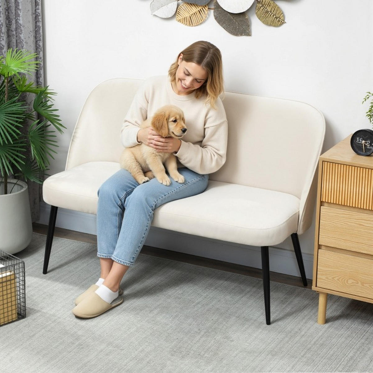 2-SITZER 127/63/84.5 cm Beige aus Metall und Eukalyptusholz mit samtartigem Bezug - Beige, Metall (63/84.5/127cm) - OKMYHOME