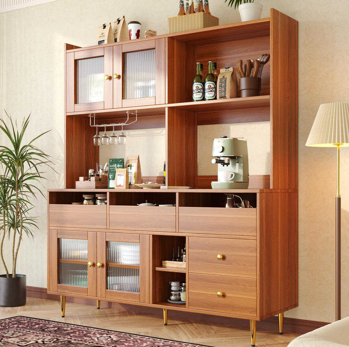 HOCHSCHRANK aus MDF in Walnussbraun mit Changhong-Glastür und Weinregal, 145/39/171 cm, Walnussbraun - Walnussfarben, Holzwerkstoff (39/171/145cm) - Redom