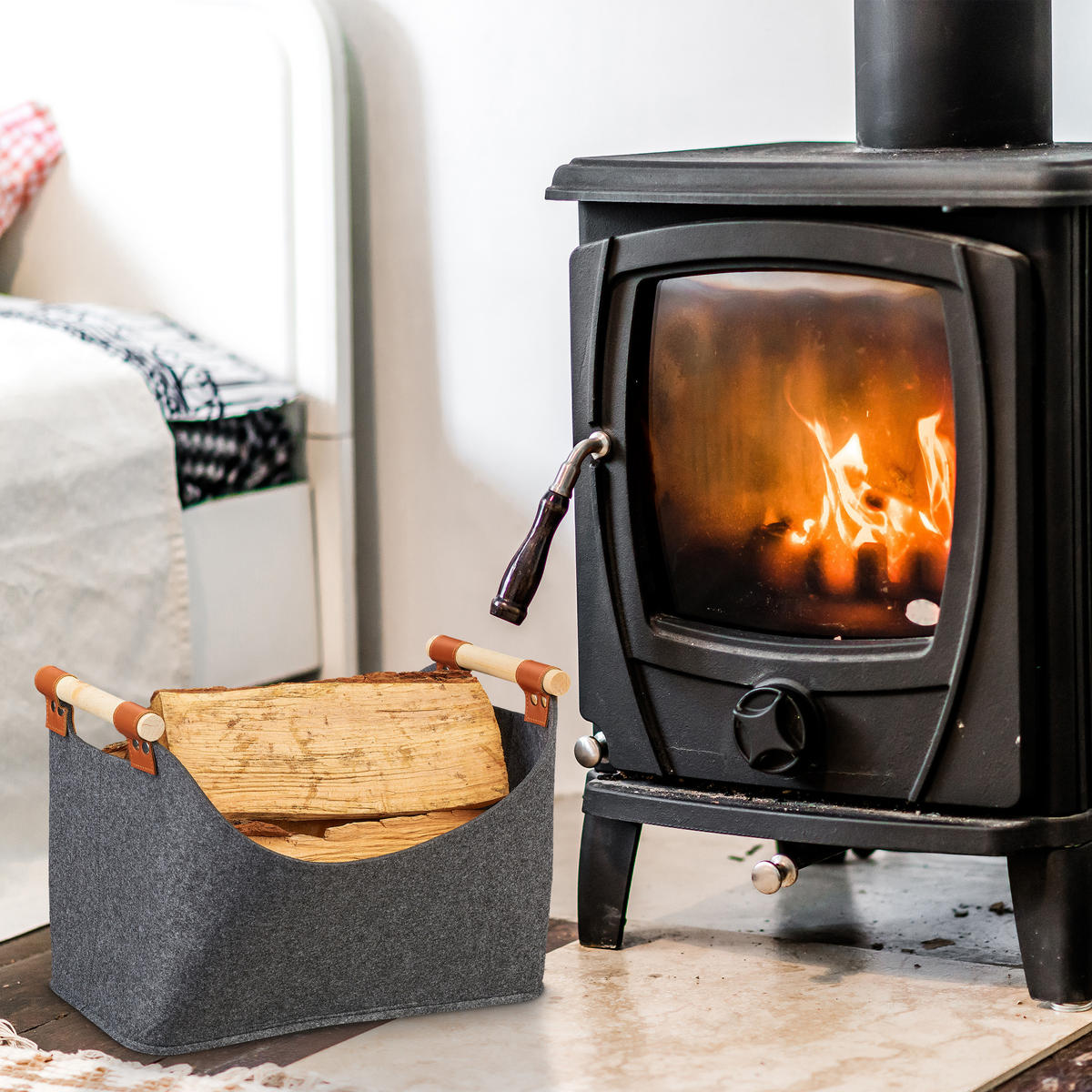 PLSTENÁ taška - antracitová, drevo/textil (40/27/22cm) - Relaxdays