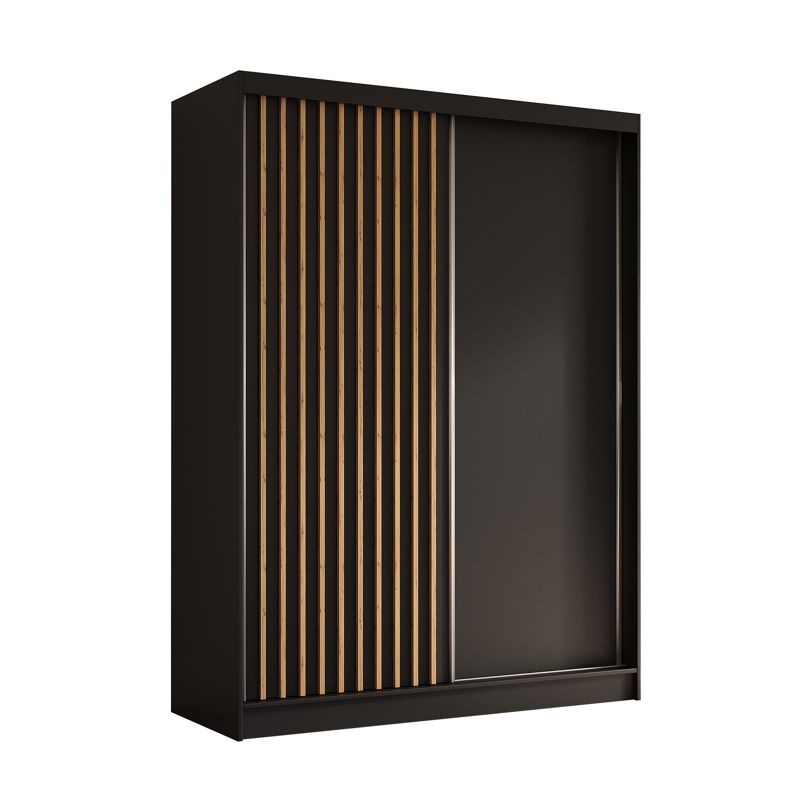 KLEIDERSCHRANK mit furnierten Schiebetüren und Aluminium-Leisten, LED-Beleuchtung - LABELO - 160 cm Schwarz+Schwarz+Artisan - Schwarz/Eiche Artisan, Holzwerkstoff (160/216/61cm) - ALTDECOR