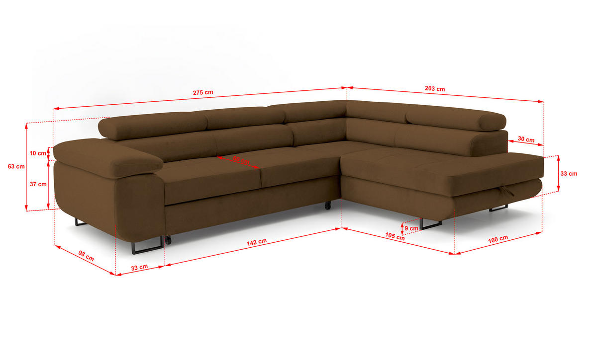 ECKSOFA Velmo mit Bettkasten und Schlaffunktion, verstellbaren Kopfstützen, in L-Form - Braun, Textil (275/203cm)