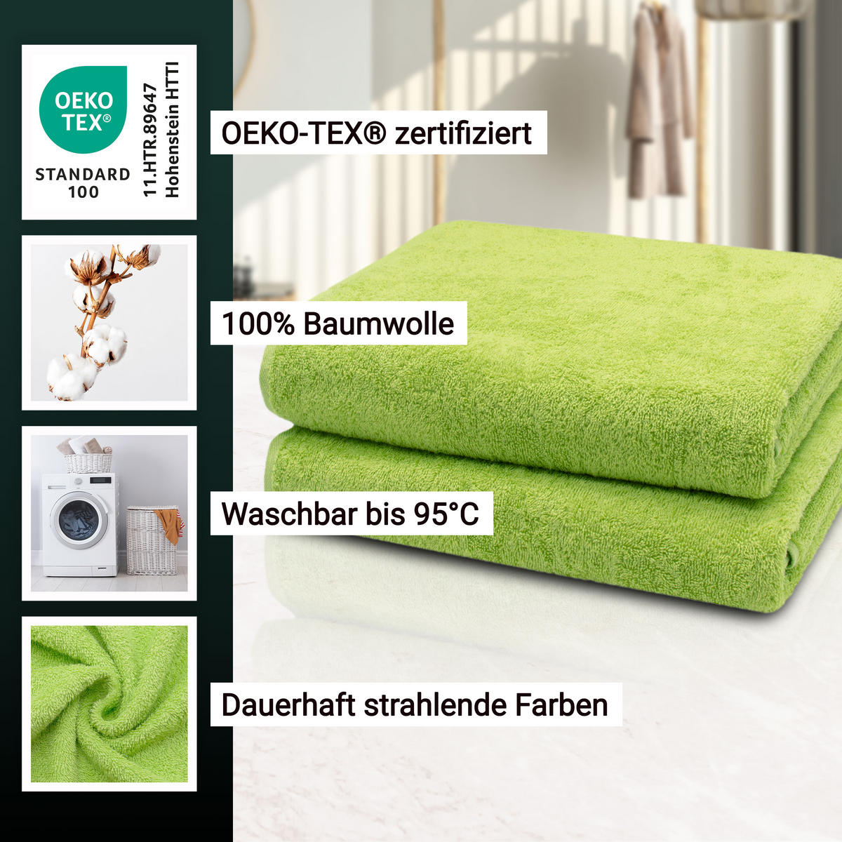 BADETUCH, 2er-Set, 100x150 cm, 100% Baumwolle, Grün - Limette, Textil (100/150cm) - Zollner