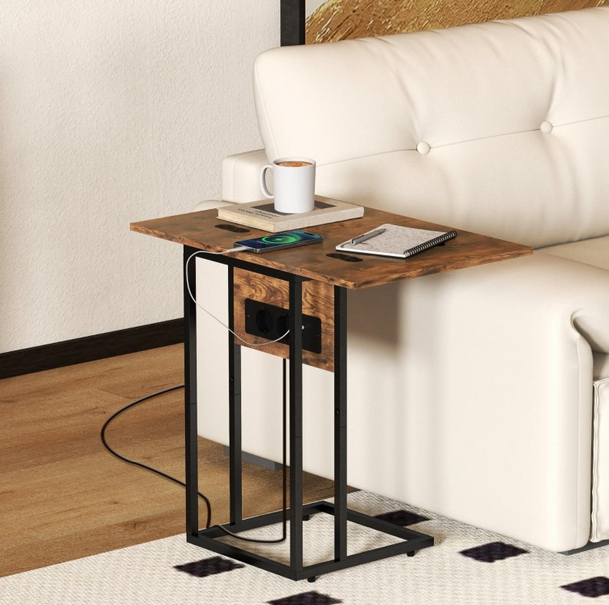 BEISTELLTISCH klappbar mit Ladestation 39 x 29/58 x 57 cm Braun Schwarz - Braun, Holz (39/29/57cm) - Meubliv
