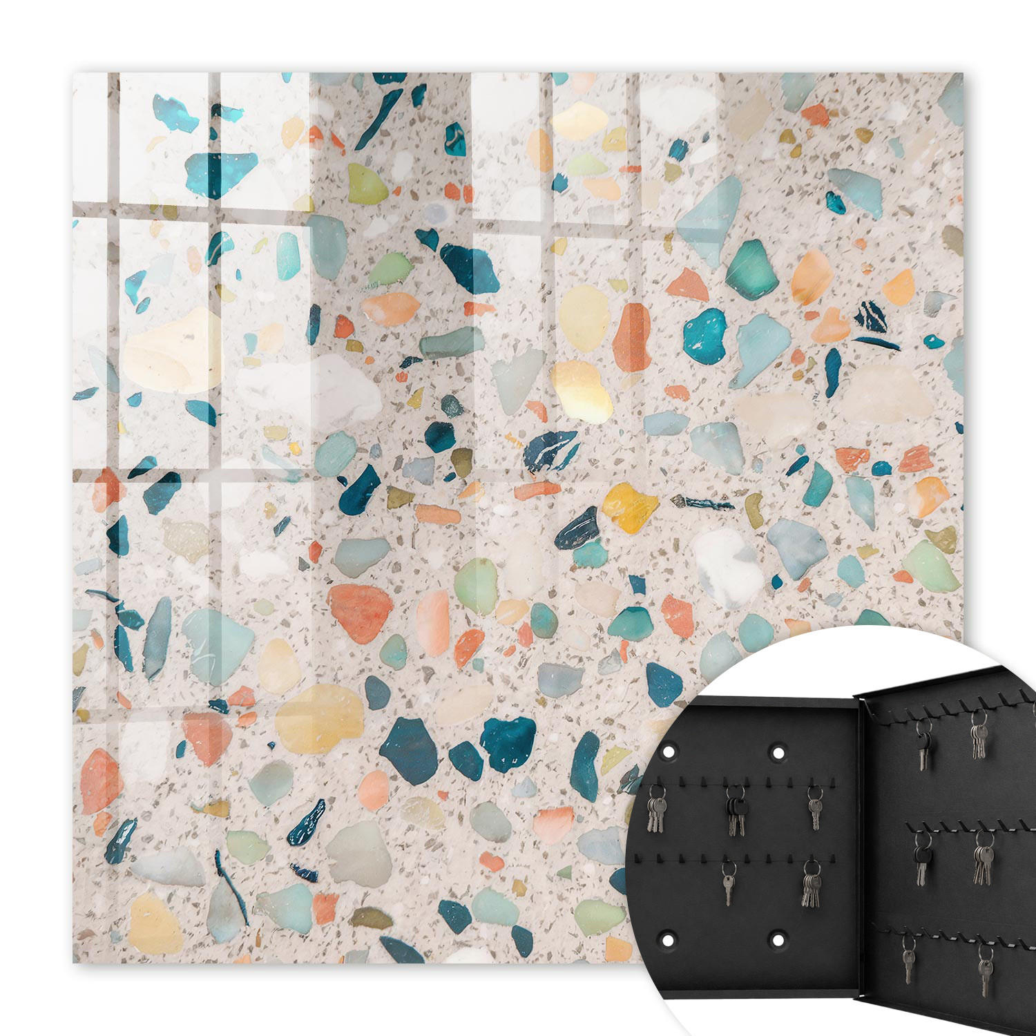 SCHLÜSSELBOX Schwarz 30x30 cm- Türöffnung nach rechts - Farbenfrohes Mosaik - Beige, Metall (30/30/5cm) - TULUP