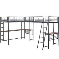 HOCHBETT aus Metall und MDF 90x200 cm in Schwarz mit Schreibtisch & Treppe - Schwarz, Metall (90/200cm) - Modfu