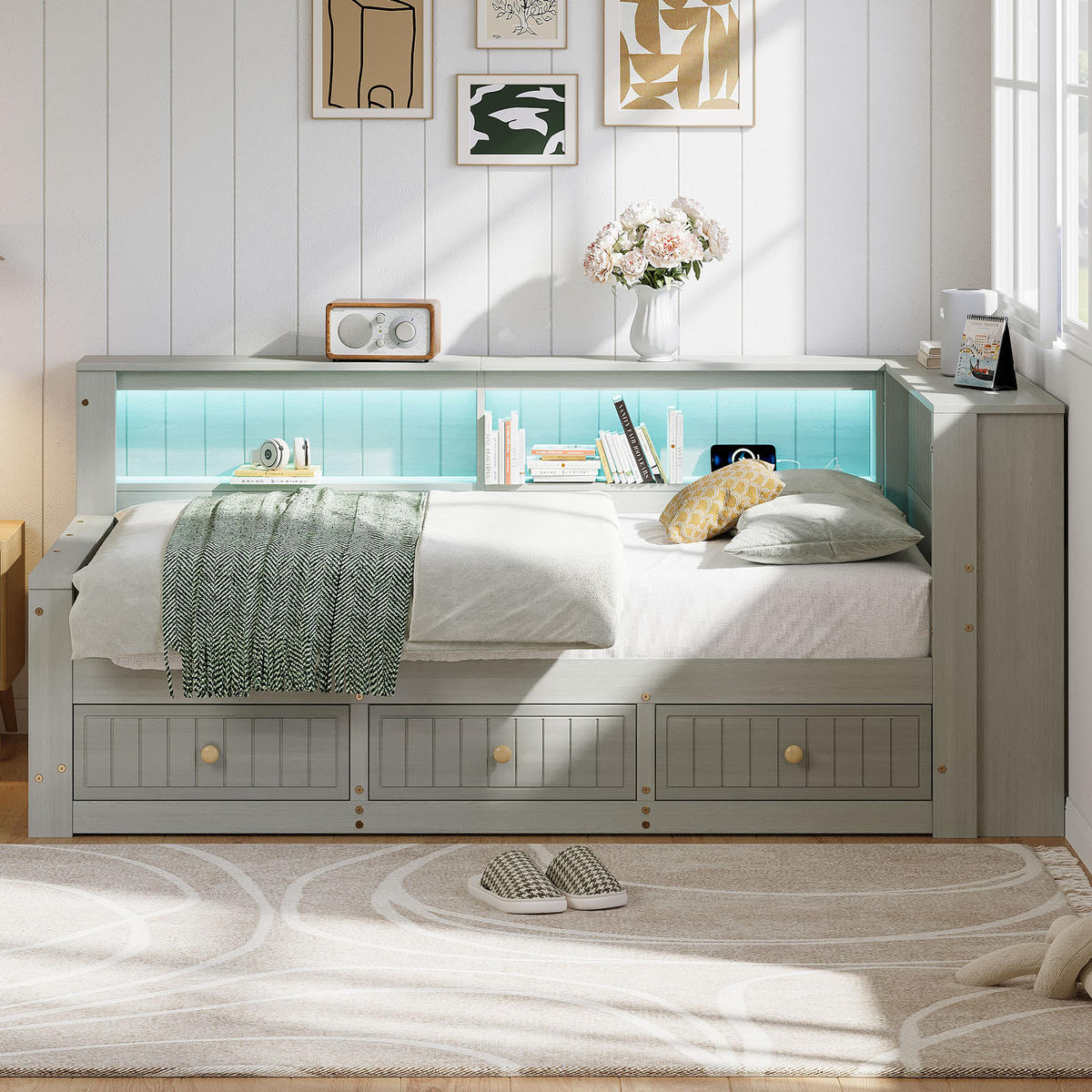 STAURAUMBETT 90/200 cm DE-03353, mit Ablagefächern, 3 Schubladen und LED, in Grau - Grau, Holz/Holzwerkstoff (90/200cm) - ComfortXL