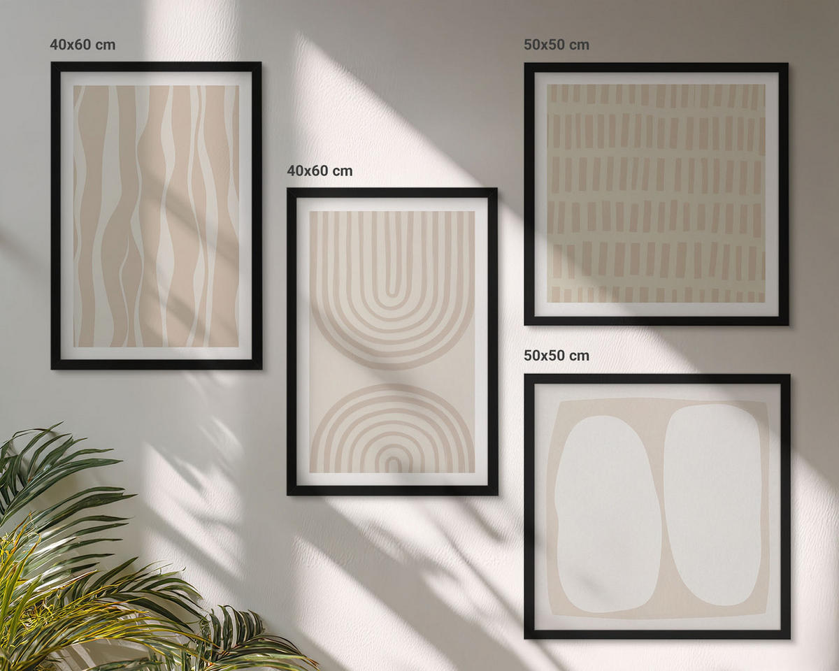 WANDBILDER 4er-Set - 50x50 cm & 40x60 cm Schwarzer Rahmen - Abstrakte Boho-Musterformen - Schwarz, Kunststoff (50/50cm) - ArtPrintCave