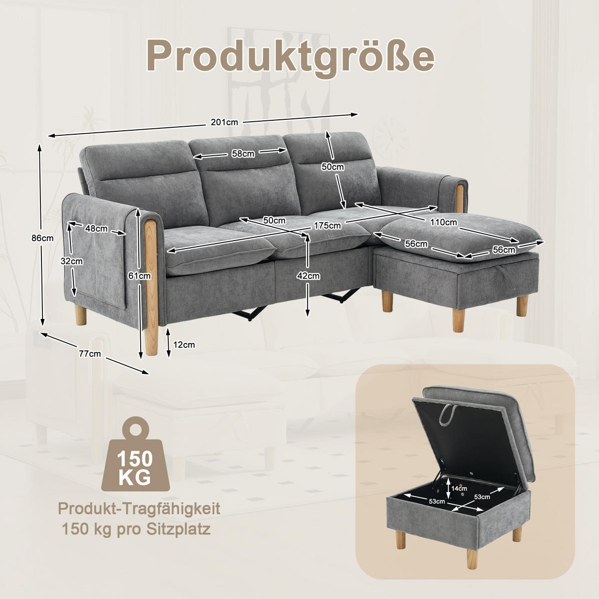 ECKSOFA DE-33940 mit Stauraumhocker und Seitentaschen Grau - Hellgrau, Holz (77/201cm) - ComfortXL
