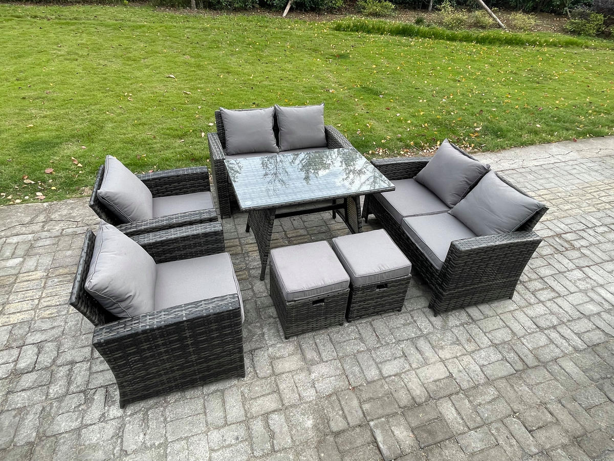GARTENMÖBELSET mit ESSTISCH,HOCHLEHNER-SOFA Polyrattan Dunkelgrauer Mix 8-Sitzer - Dunkelgrau/Grau, Glas/Kunststoff - Fimous