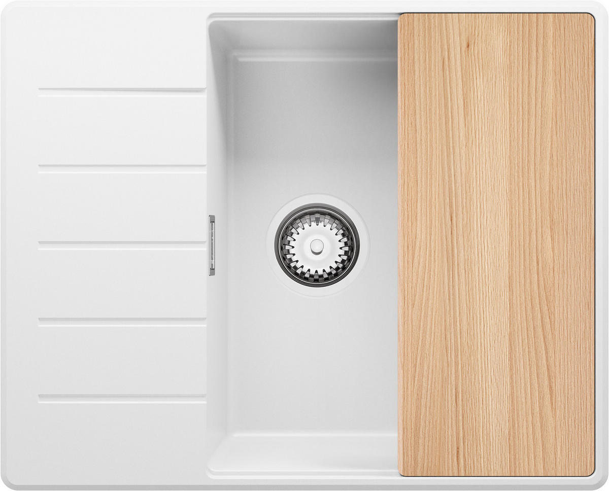 SPÜLBECKEN Kopenhagen, 2-er set Weiß 62/50 cm 1 Becken + Ablauf-Set + Schneidebrett ab 50er Unterschrank - Chromfarben/Beige, Kunststoff (62/20/50cm) - Primagran