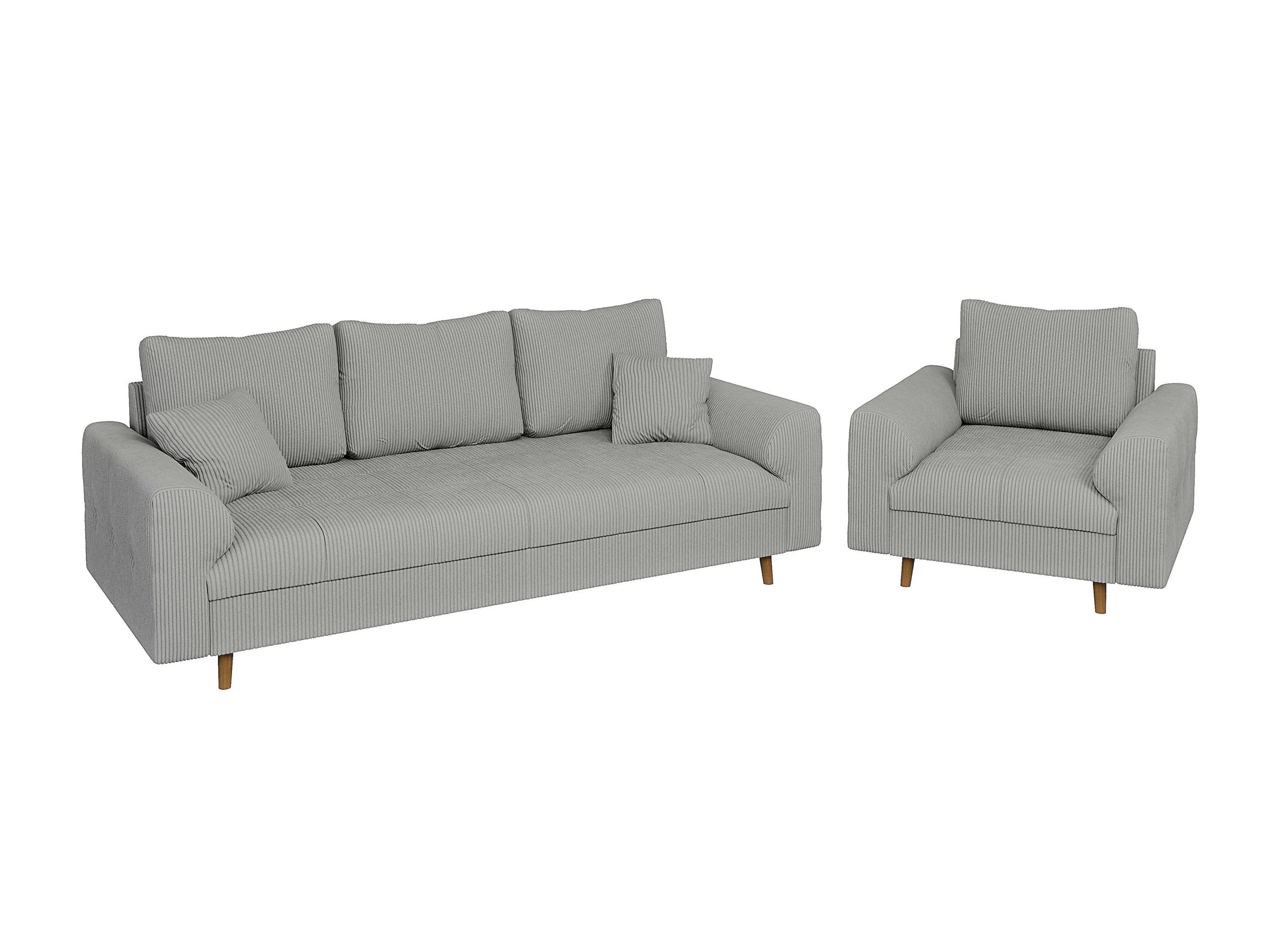SITZGARNITUR 3+1 Alma Hellgrau Cord - Hellgrau/Braun, Holz/Textil (210/81/93cm) - S-Style Möbel
