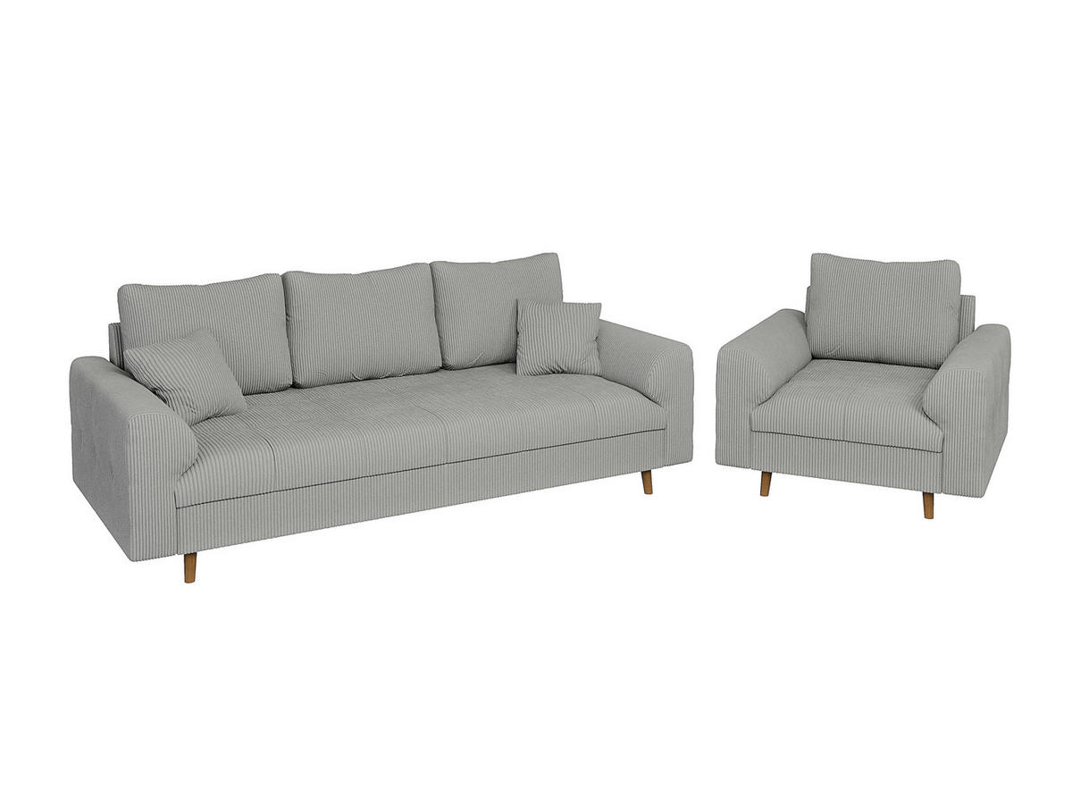 SITZGARNITUR 3+1 Alma Hellgrau Cord - Hellgrau/Braun, Holz/Textil (210/81/93cm) - S-Style Möbel