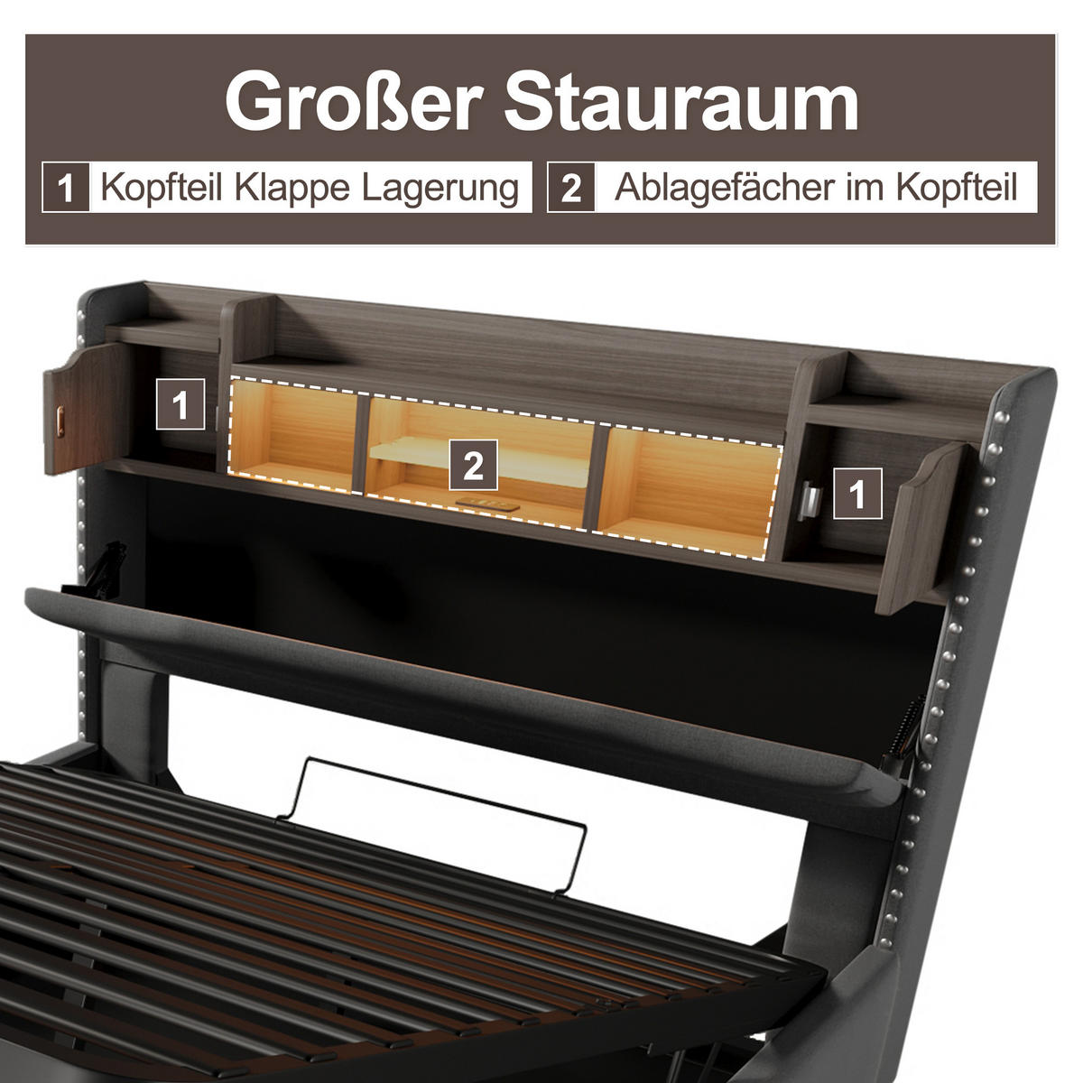 POLSTERBETT 160/200 cm in Grau mit Bettkasten, LED und USB Leinen Design - Grau, Holzwerkstoff/Textil (160/200cm) - STILVORA