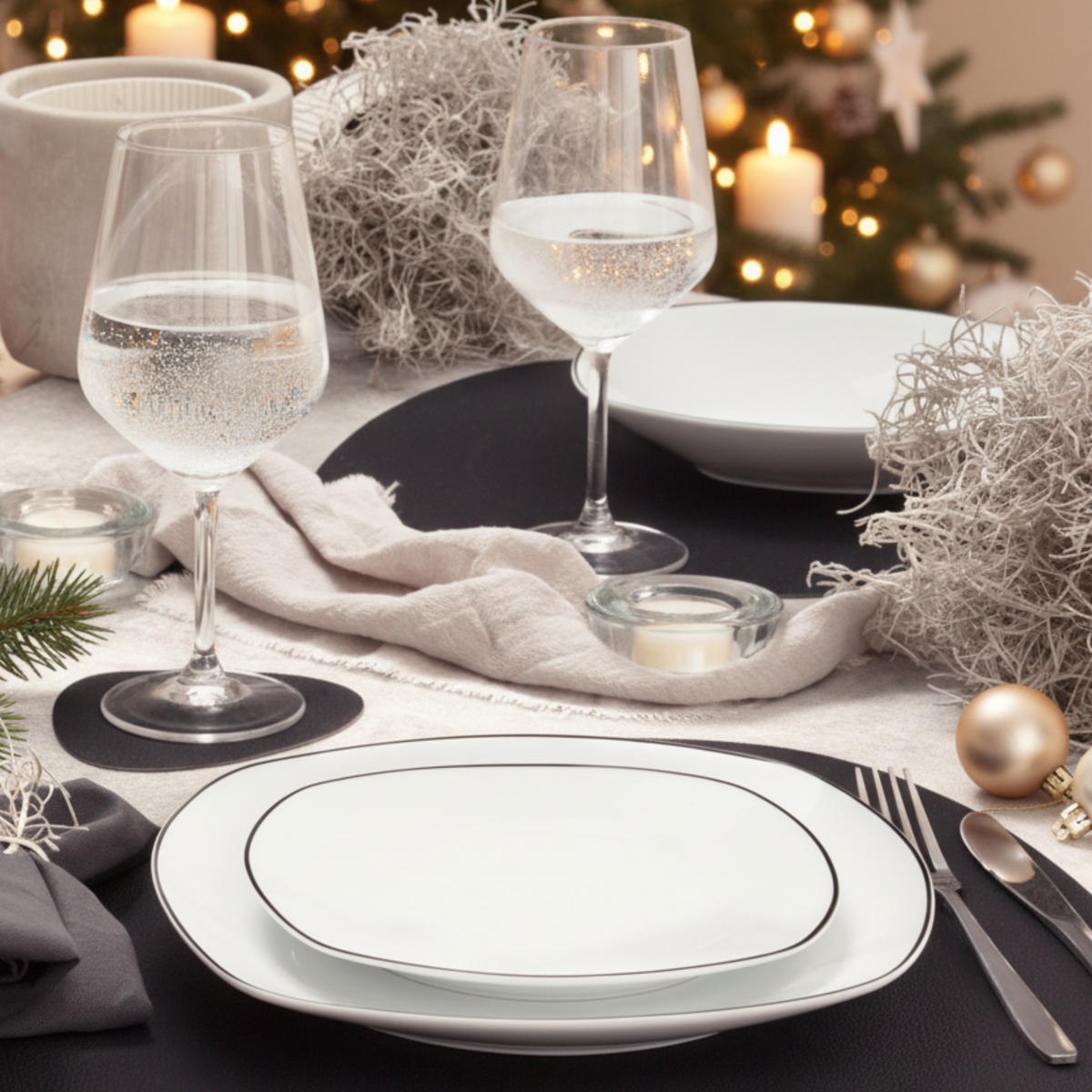 TAFELSERVICE BILGOLA BLACK RIM - 24 teilig aus Porzellan - Weiß, Stein (25/5/25cm) - Sänger