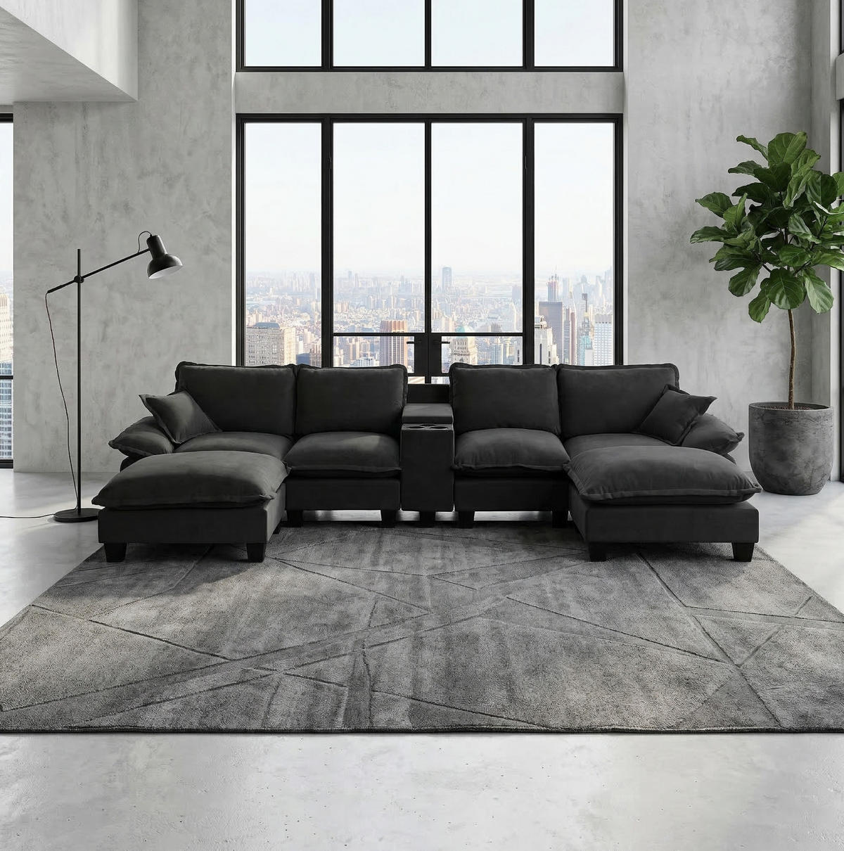 WOHNLANDSCHAFT aus Chenille in Schwarz mit USB-Anschluss & Stauraum - Schwarz, Textil (155/90/364cm) - Modfu