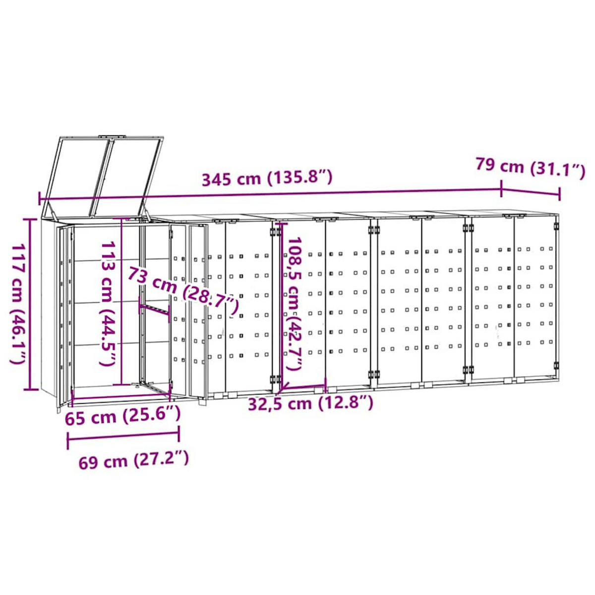 MÜLLTONNENBOX Gorilo für 5 Tonnen Grau 345x79x117 cm - Grau, Metall (345/117/79cm) - DELUKE