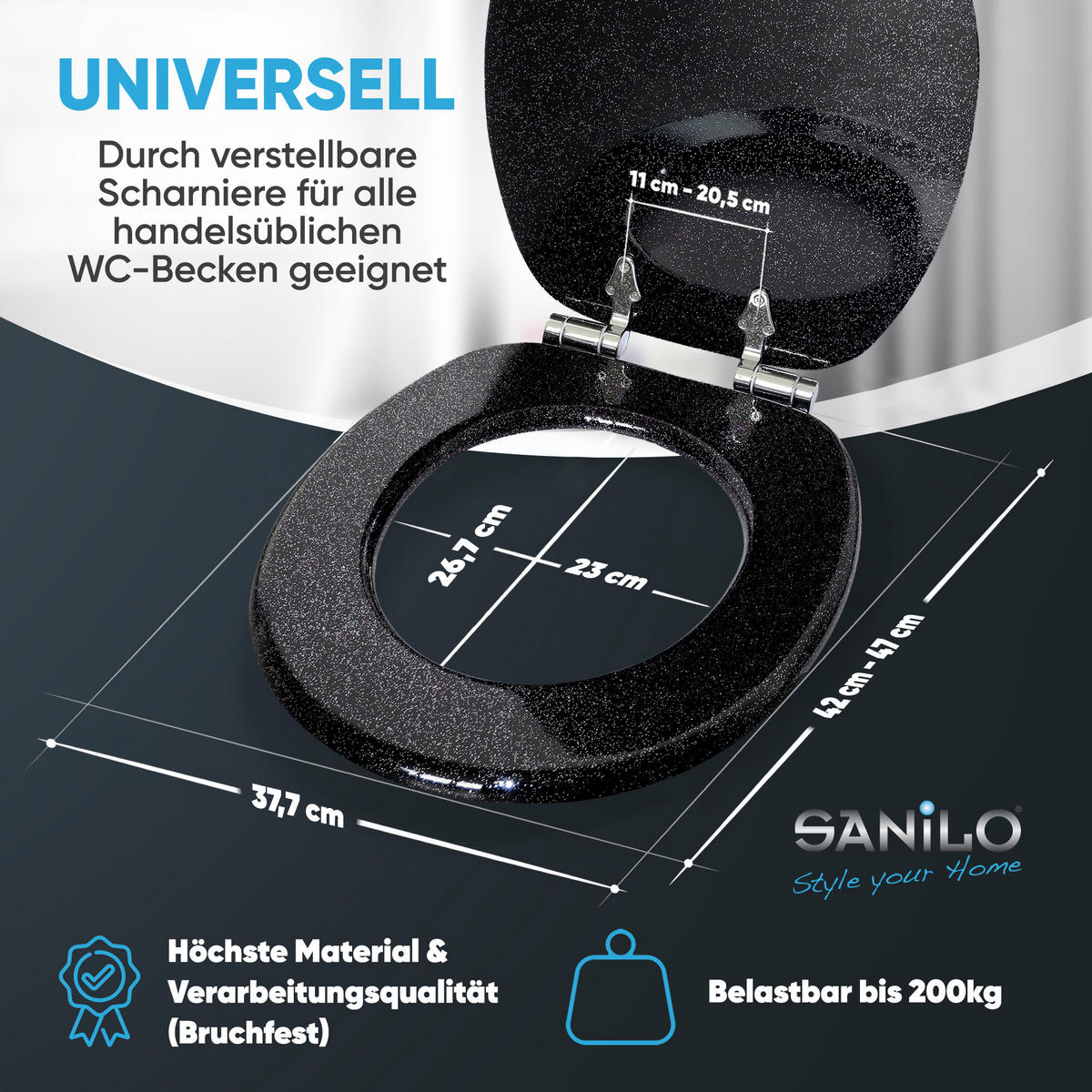 WC-SITZ Absenkautomatik Glitzer Schwarz - Schwarz, Holzwerkstoff (38/6/47cm) - Sanilo