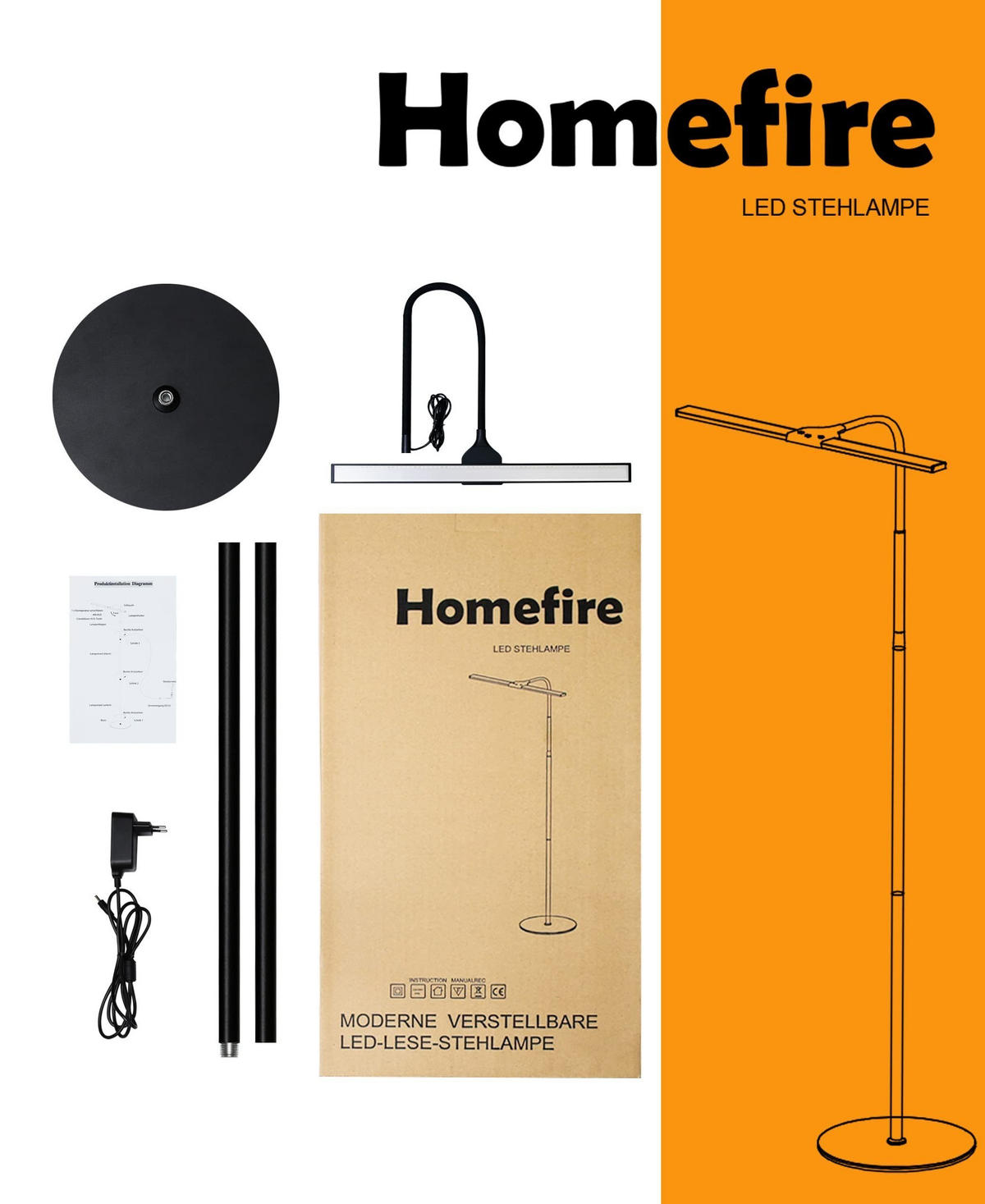 STEHLAMPE Leuchtmar 26.0/22.0/156.0 cm - Schwarz, Metall (156/26/22cm) - ZMH