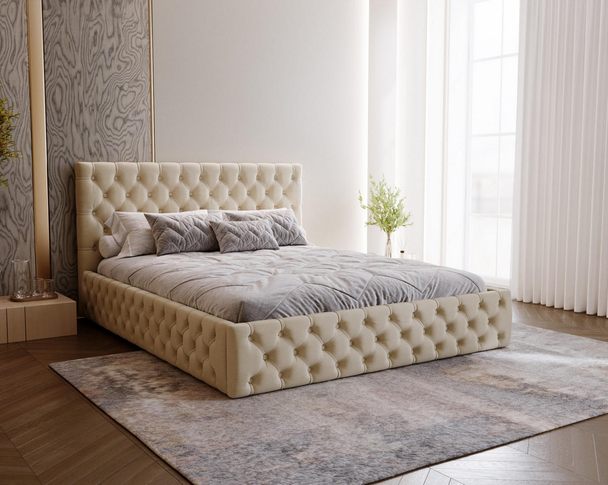 POLSTERBETT 140x200 Verti Slim, Chesterfield, Beige - Beige, Holz/Textil (140/200cm) - Emporius