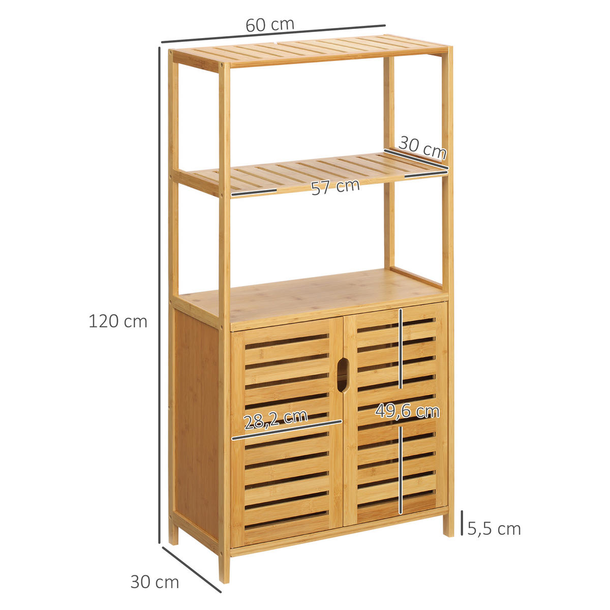 BADEZIMMERSCHRANK Bambus Badschrank hoch mit 2 Lamellentüren, 2 offene Fächern - Naturfarben, Holz (30/120/60cm) - Kleankin