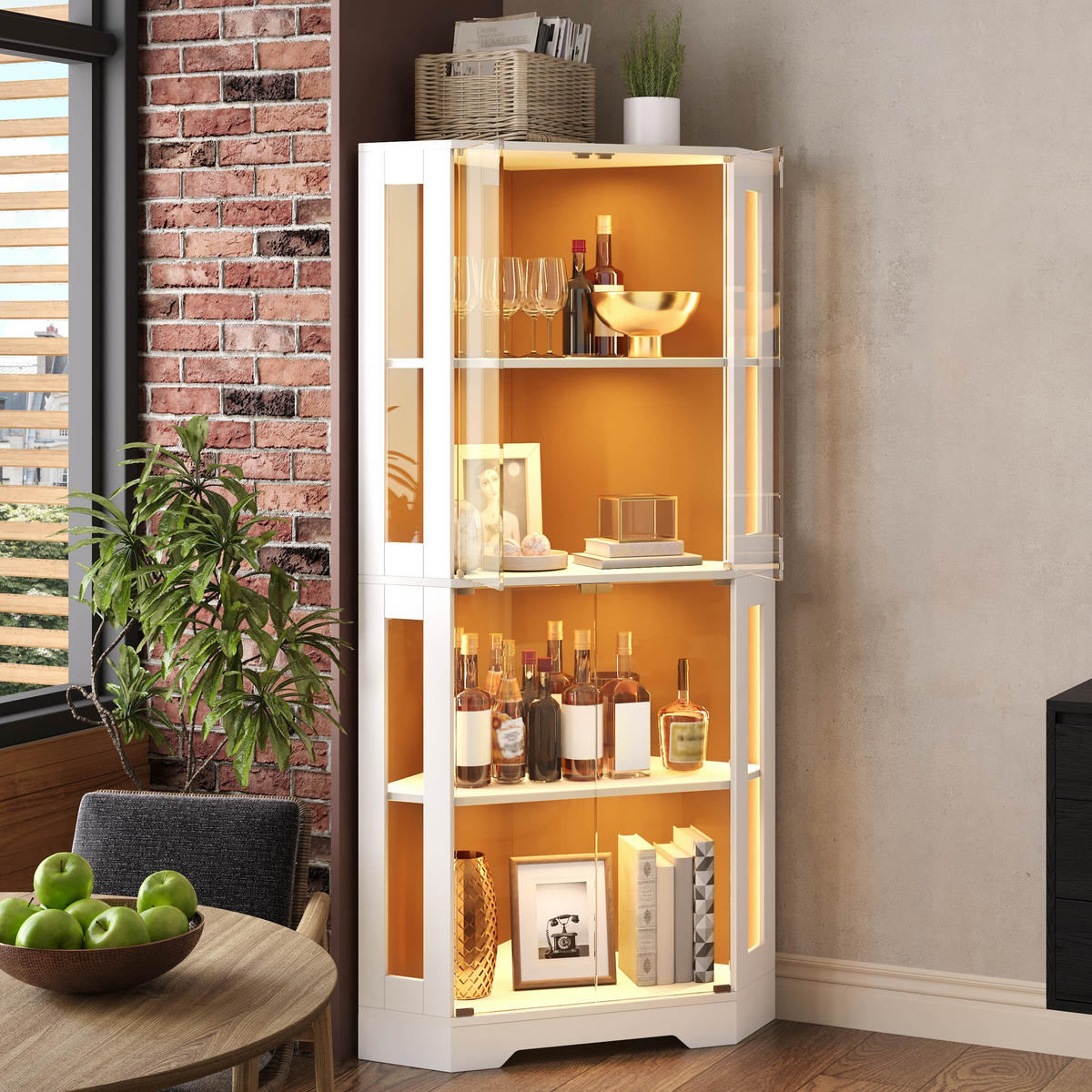 GESCHIRRSCHRANK 165 cm MDF Weiß mit RGB-LED, Glastüren und Weinregal - Weiß, Holzwerkstoff (40/165/40cm) - Korfee