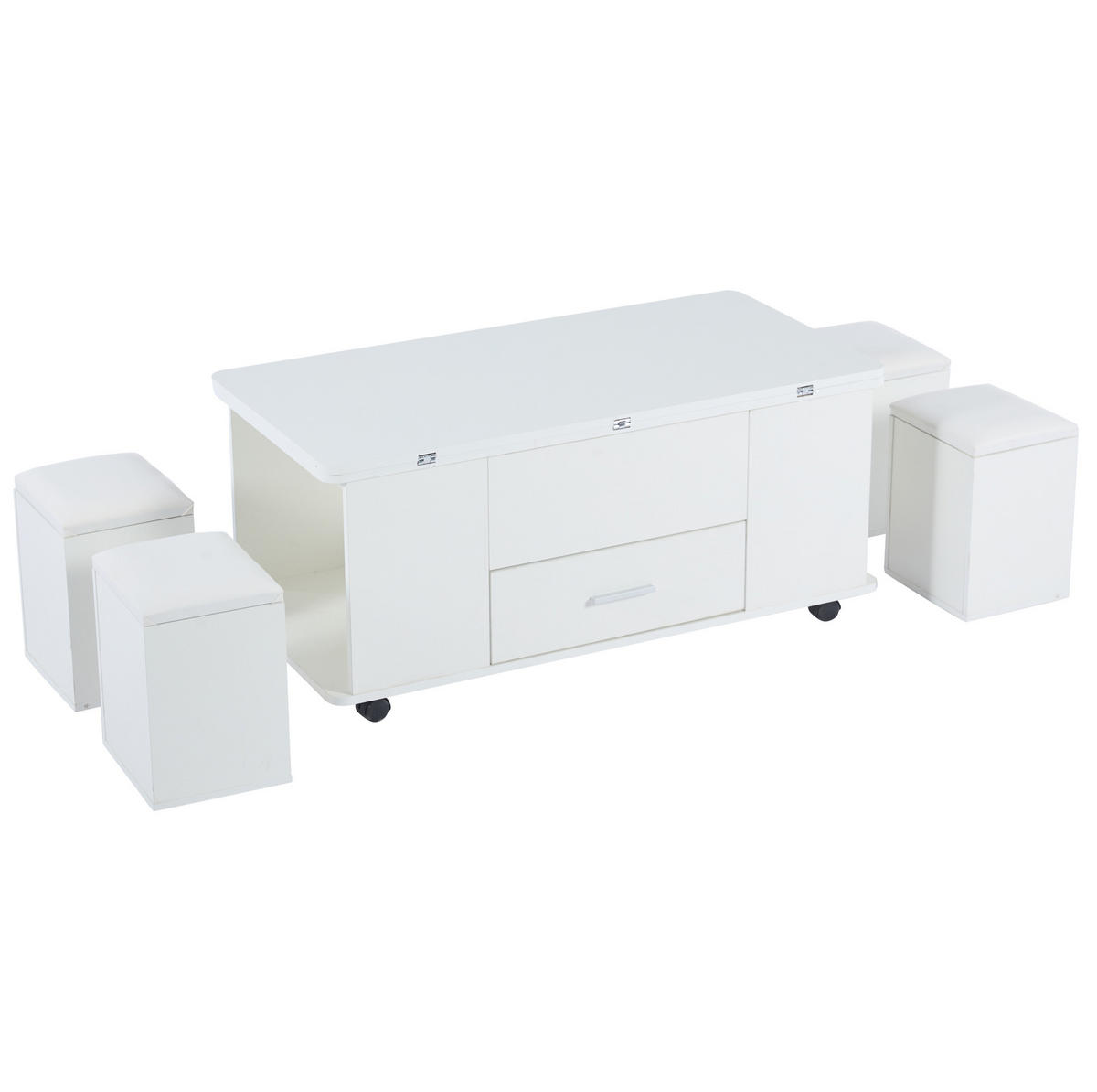 COUCHTISCH höhenverstellbar 100 x 50 cm Weiß mit 4 Hockern - Weiß, Holzwerkstoff (100/50/45cm) - Meubliv