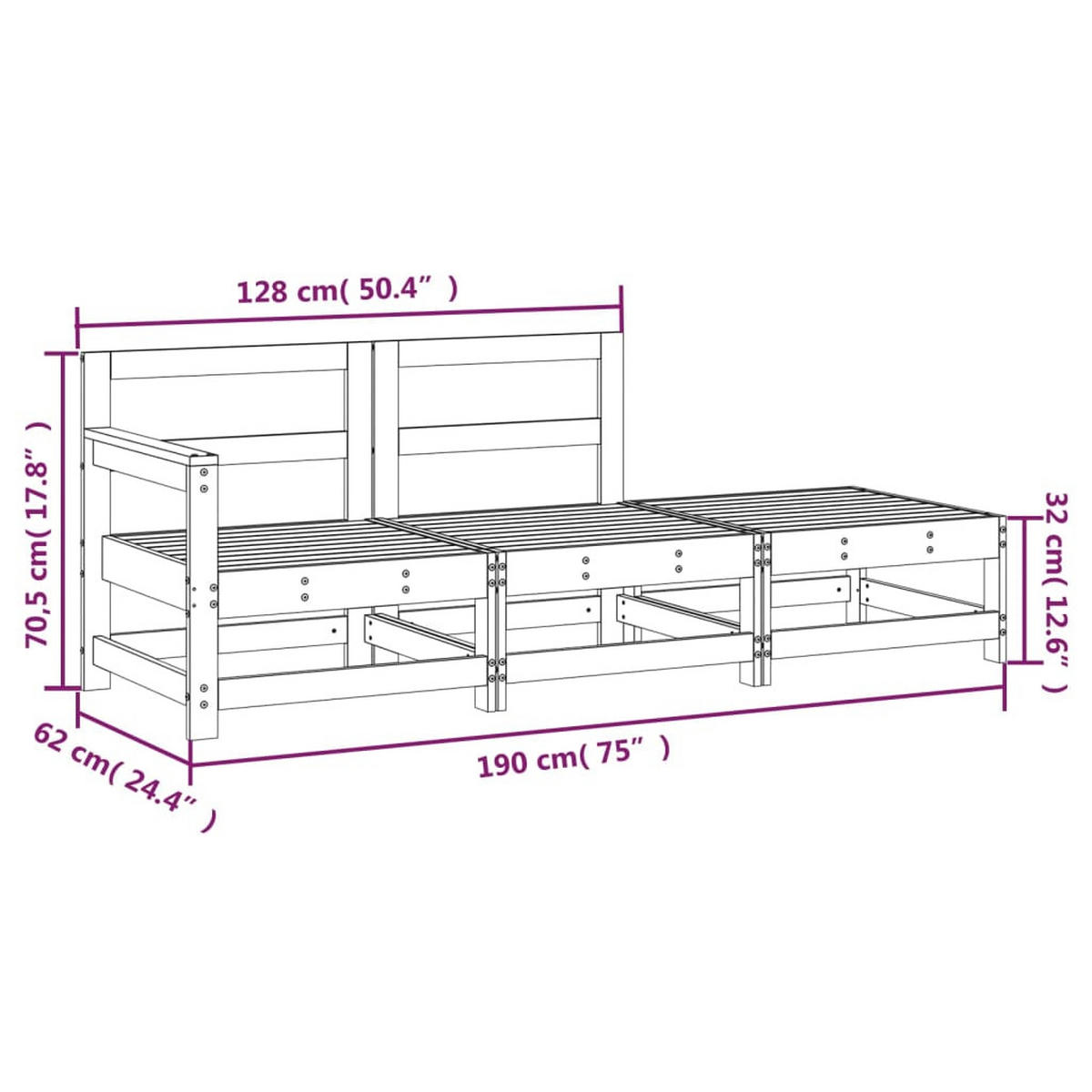 GARTEN-LOUNGE-SET 3-TLG. Kiefernholz Imprägniert - Braun, Holz (62/70.5/190cm) - vidaXL