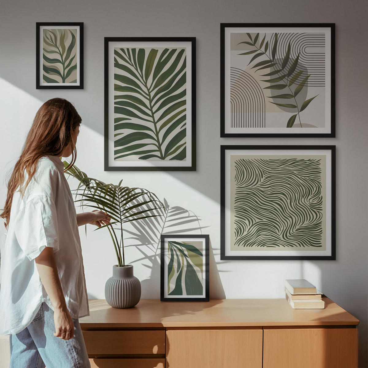 BILDER SET 5er Set - 50x50 cm & 20x30 cm & 40x60 cm Schwarzer Rahmen - Blätter, Wellen – Pastellillustrationen - Schwarz, Kunststoff (40/60cm) - TULUP