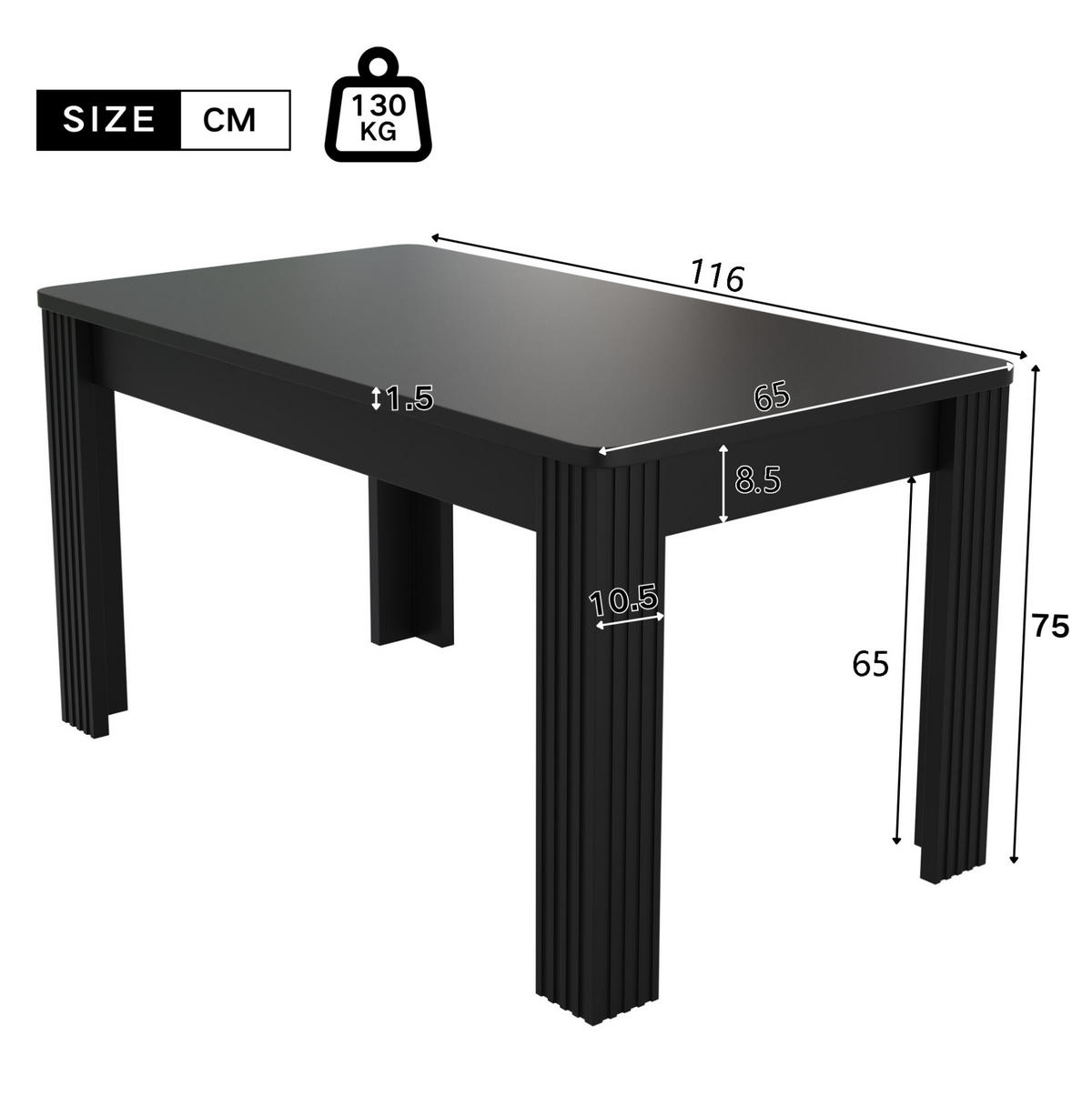 ESSTISCH 116/65/75 cm schwarz aus Spanplatte mit pflegeleichter Tischplatte - Schwarz, Holzwerkstoff (116/65/75cm) - OKWISH