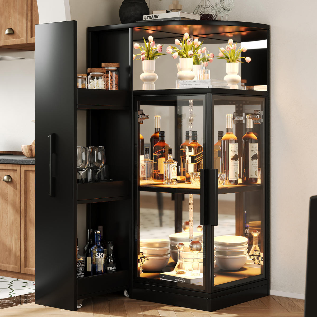 VITRINE LED ESG Glas Ausziehbar 112cm Sammlervitrine Schwarz - Schwarz, Glas (64/112/42cm) - FLIEKS