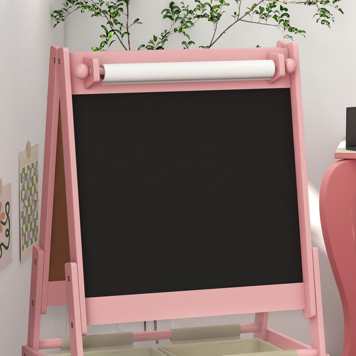 MALTAFEL DE-18185 3-in-1 mit Papierrolle, Tierdekor Rosa - Pink, Holzwerkstoff (46.5/93/54cm) - ComfortXL
