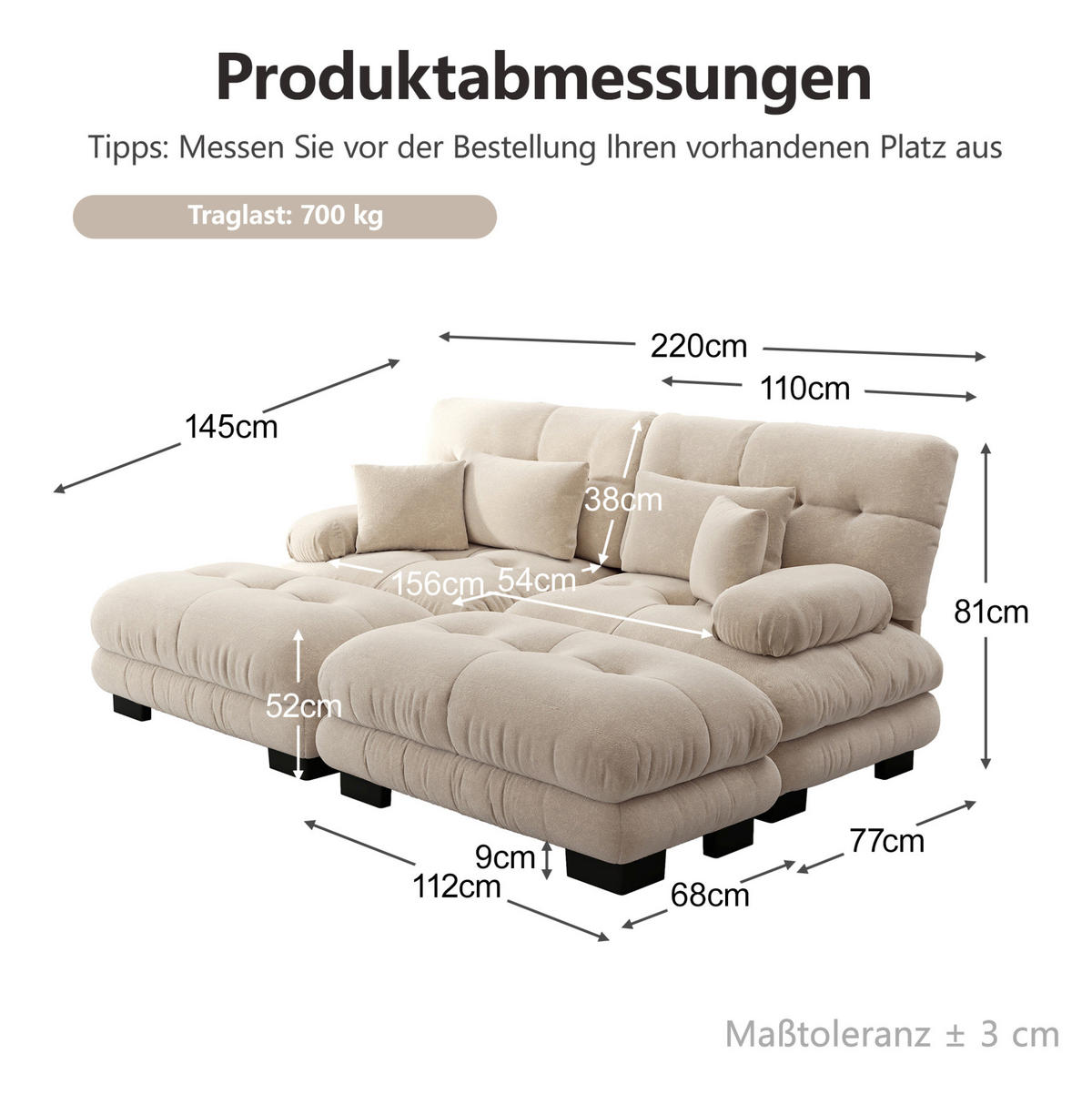 SOFA in Hellbraun aus Chenille mit 2 Ottomans und Kissen - Cappuccino, Textil (145/81/220cm) - Flora Grace